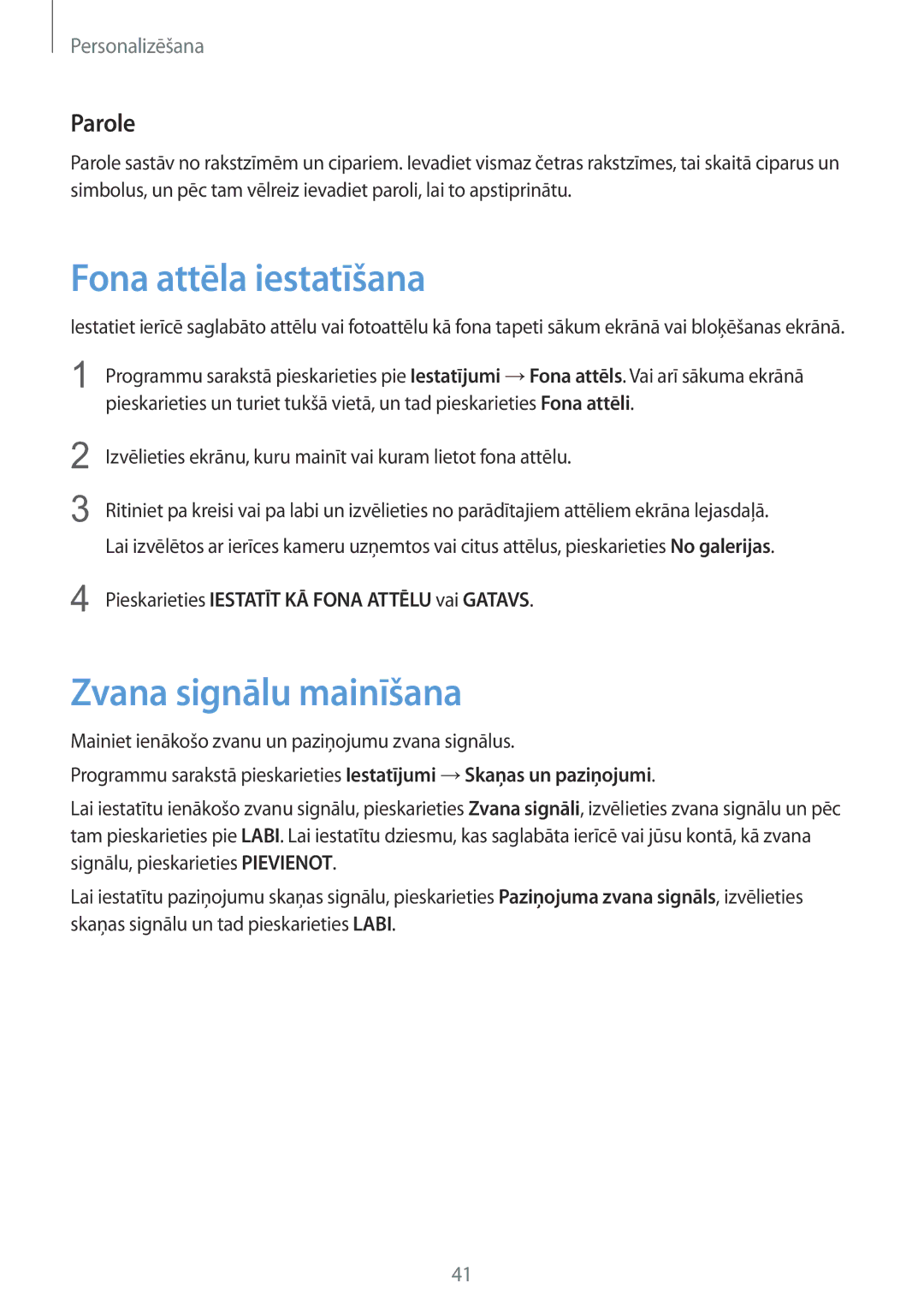 Samsung SM-G900FZWASEB, SM-G900FZDASEB, SM-G900FZKASEB manual Fona attēla iestatīšana, Zvana signālu mainīšana, Parole 