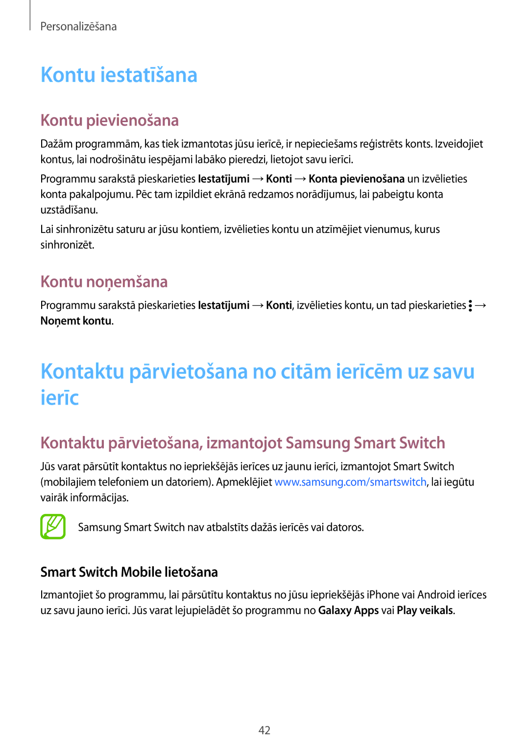 Samsung SM-G900FZKASEB manual Kontu iestatīšana, Kontaktu pārvietošana no citām ierīcēm uz savu ierīc, Kontu pievienošana 