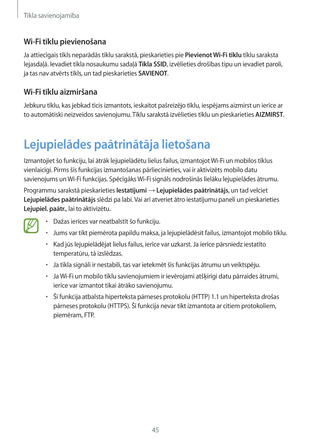 Samsung SM-G900FZWASEB manual Lejupielādes paātrinātāja lietošana, Wi-Fi tīklu pievienošana, Wi-Fi tīklu aizmiršana 