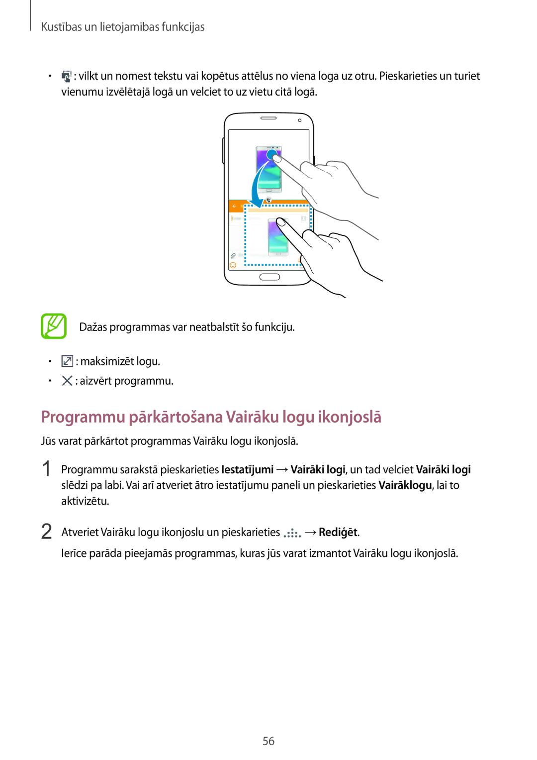 Samsung SM-G900FZDASEB, SM-G900FZWASEB, SM-G900FZKASEB, SM-G900FZBASEB manual Programmu pārkārtošana Vairāku logu ikonjoslā 