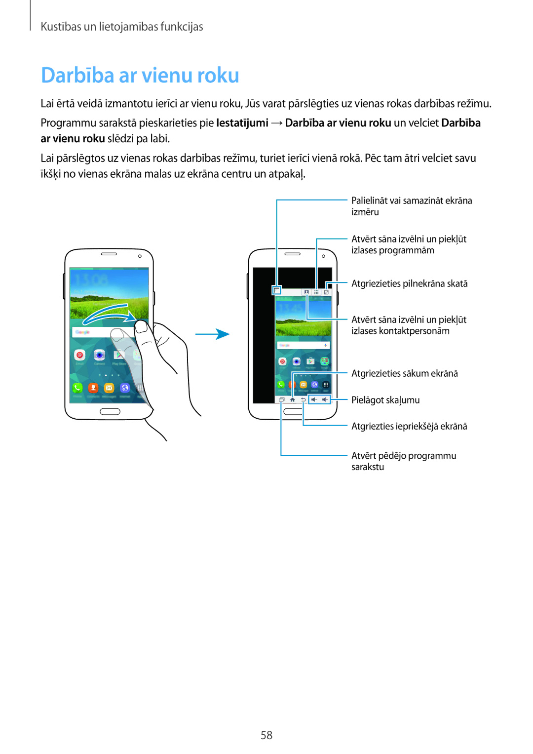 Samsung SM-G900FZKASEB, SM-G900FZDASEB, SM-G900FZWASEB, SM-G900FZBASEB manual Darbība ar vienu roku 