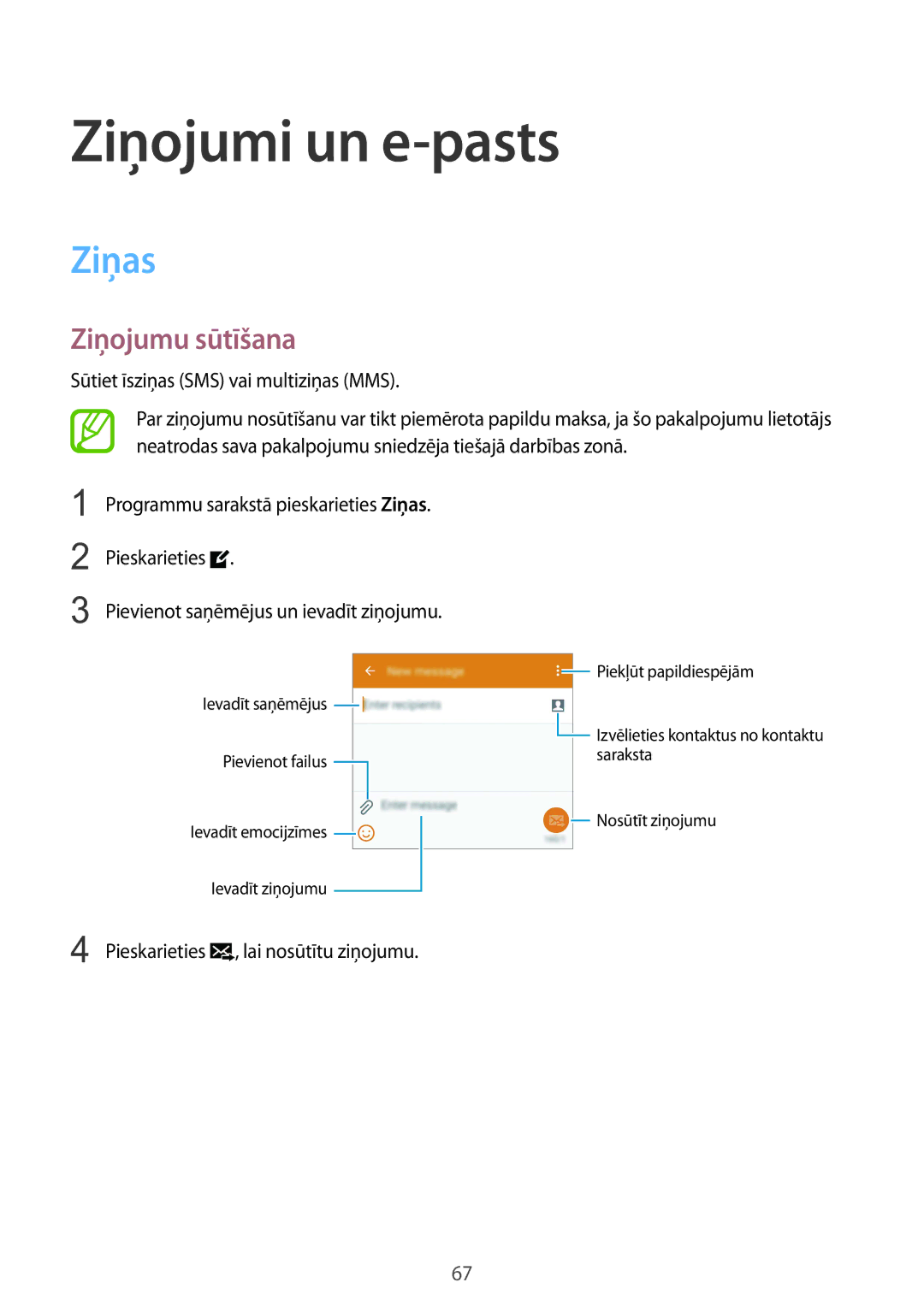 Samsung SM-G900FZBASEB manual Ziņojumi un e-pasts, Ziņas, Ziņojumu sūtīšana, Sūtiet īsziņas SMS vai multiziņas MMS 