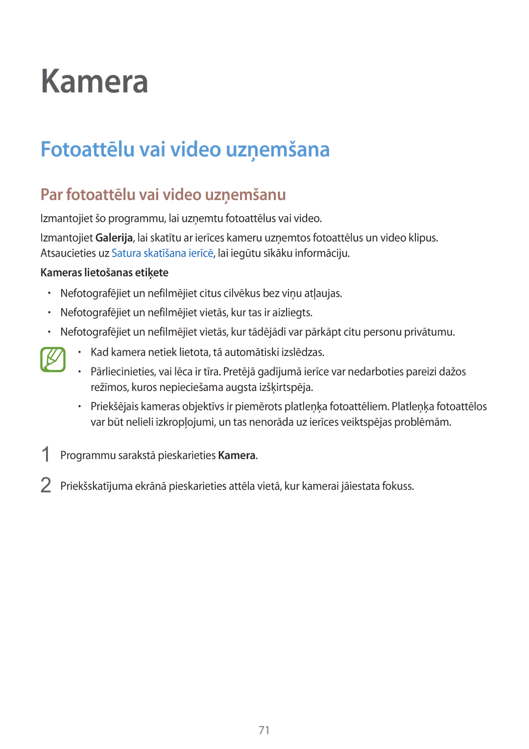 Samsung SM-G900FZBASEB, SM-G900FZDASEB manual Kamera, Fotoattēlu vai video uzņemšana, Par fotoattēlu vai video uzņemšanu 