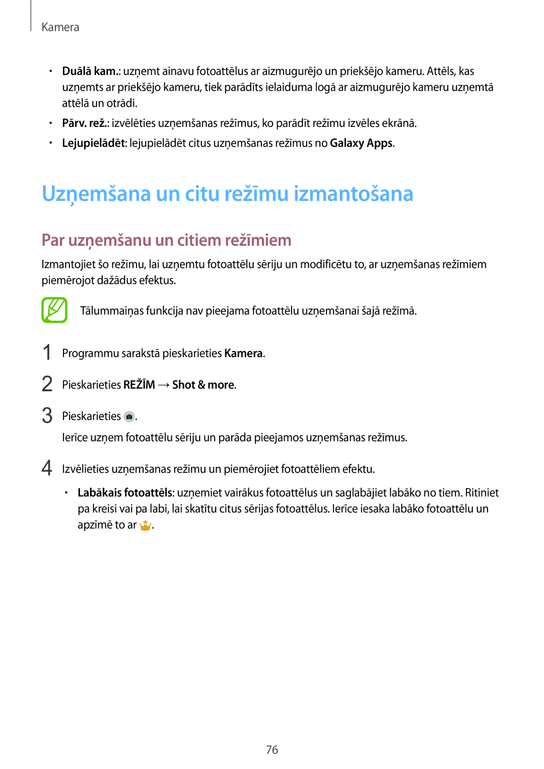 Samsung SM-G900FZDASEB, SM-G900FZWASEB manual Uzņemšana un citu režīmu izmantošana, Par uzņemšanu un citiem režīmiem 
