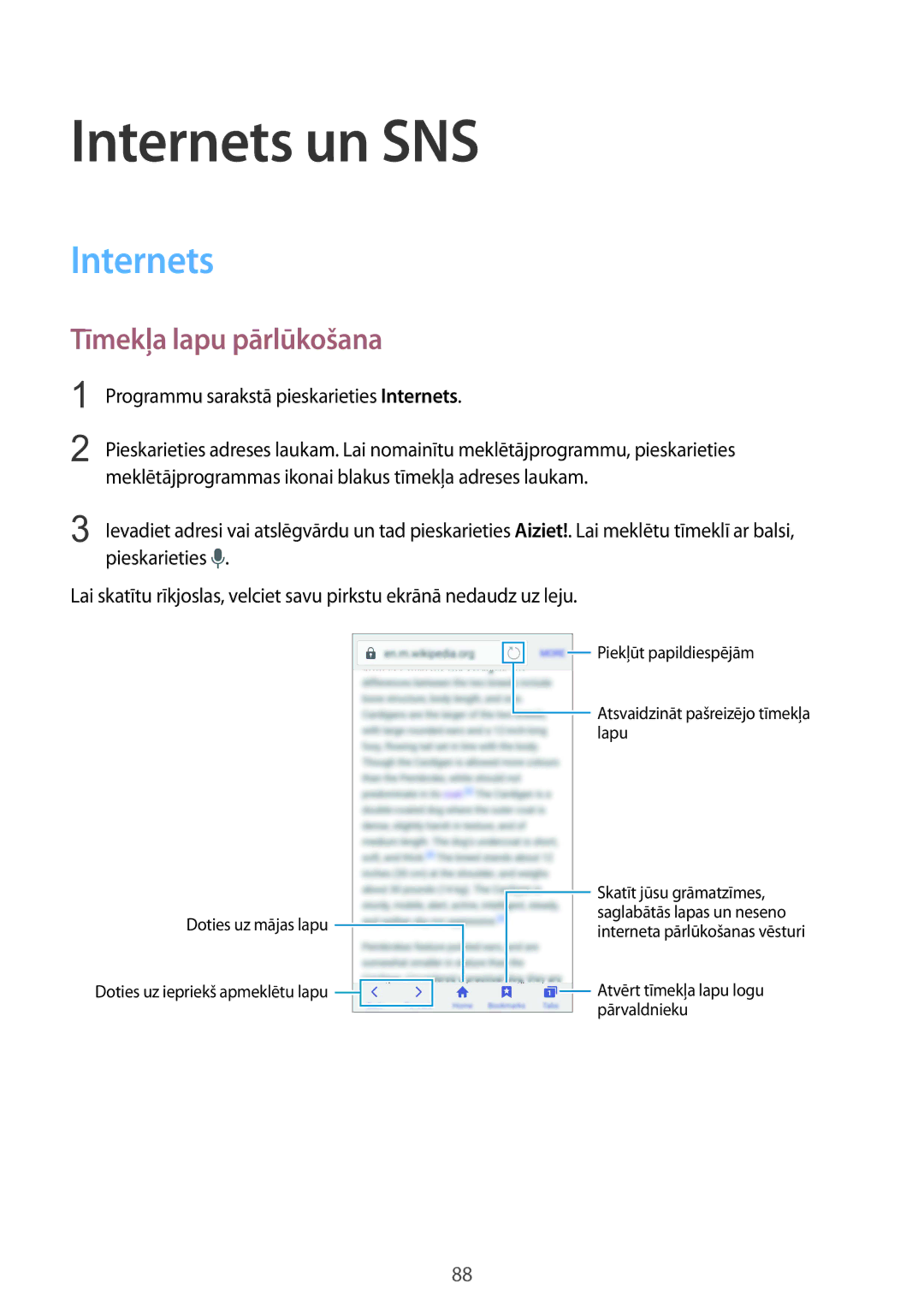 Samsung SM-G900FZDASEB manual Internets un SNS, Tīmekļa lapu pārlūkošana, Programmu sarakstā pieskarieties Internets 