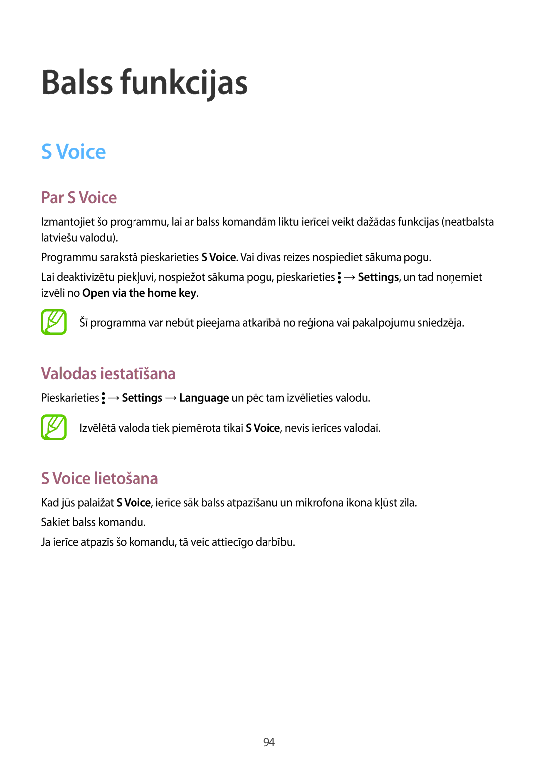 Samsung SM-G900FZKASEB, SM-G900FZDASEB manual Balss funkcijas, Par S Voice, Valodas iestatīšana, Voice lietošana 