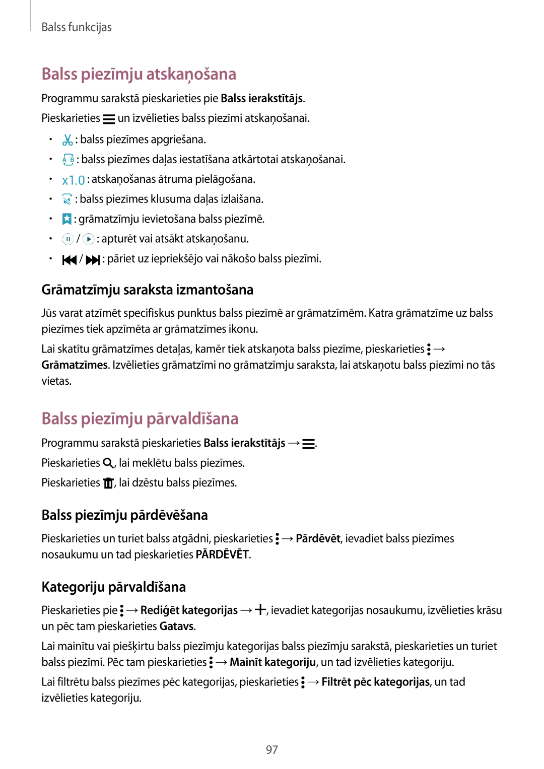 Samsung SM-G900FZWASEB manual Balss piezīmju atskaņošana, Balss piezīmju pārvaldīšana, Grāmatzīmju saraksta izmantošana 