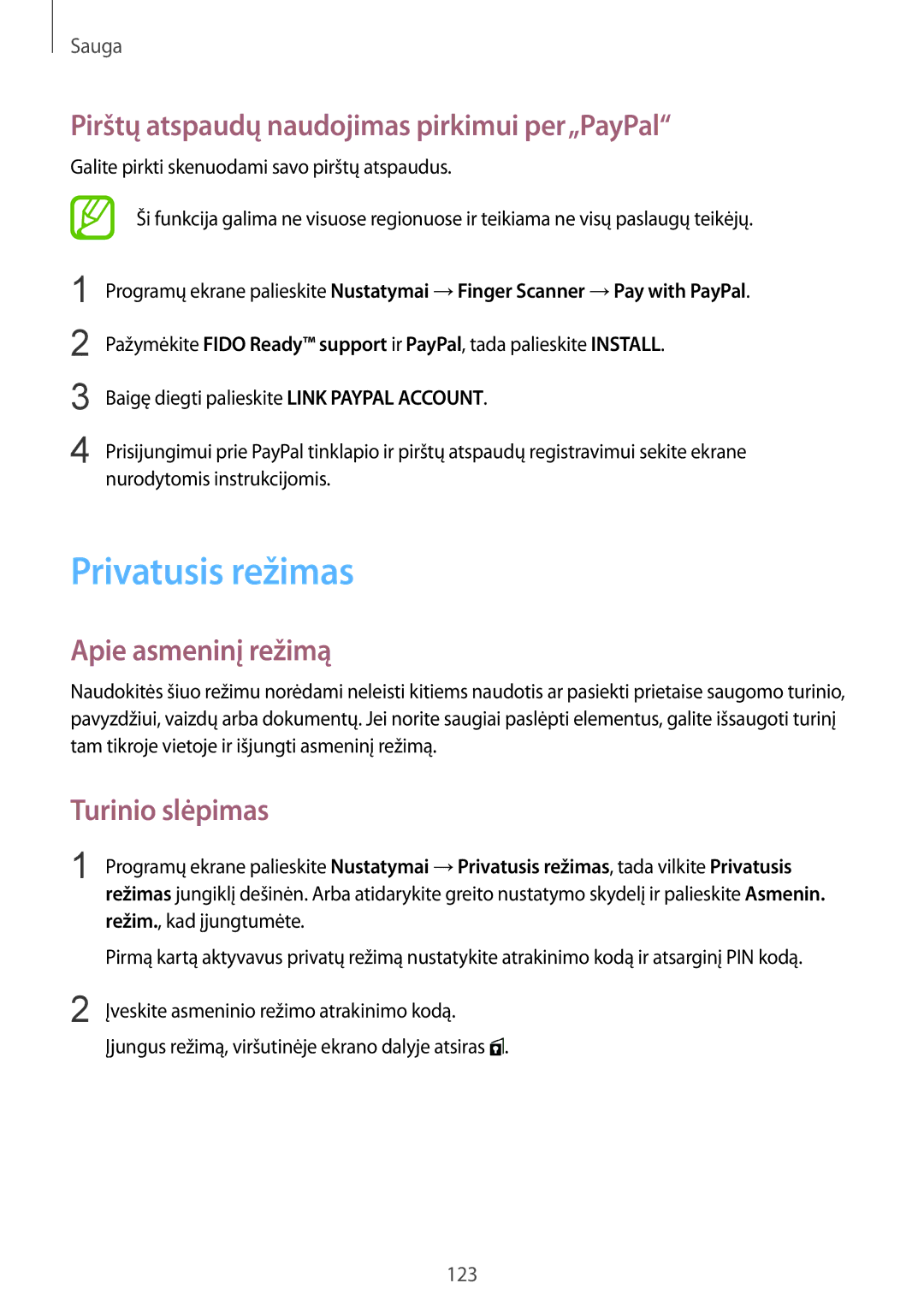 Samsung SM-G900FZBASEB manual Privatusis režimas, Pirštų atspaudų naudojimas pirkimui per„PayPal, Apie asmeninį režimą 
