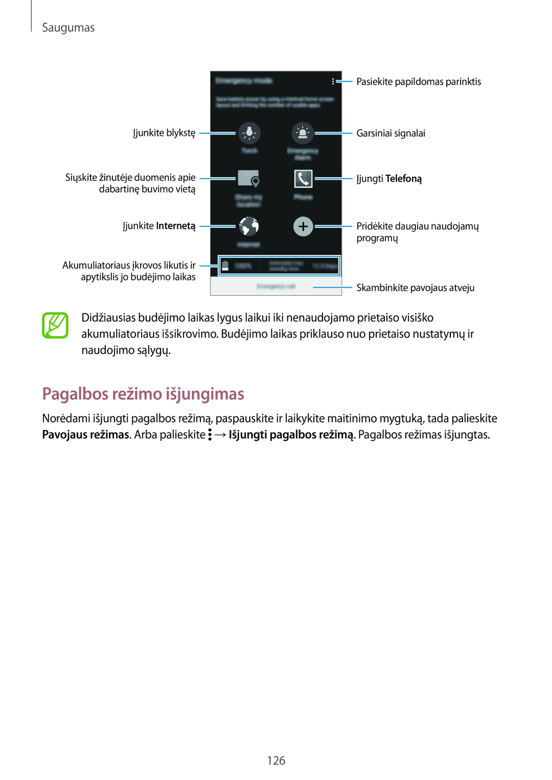 Samsung SM-G900FZKASEB, SM-G900FZDASEB, SM-G900FZWASEB, SM-G900FZBASEB manual Pagalbos režimo išjungimas, Saugumas 