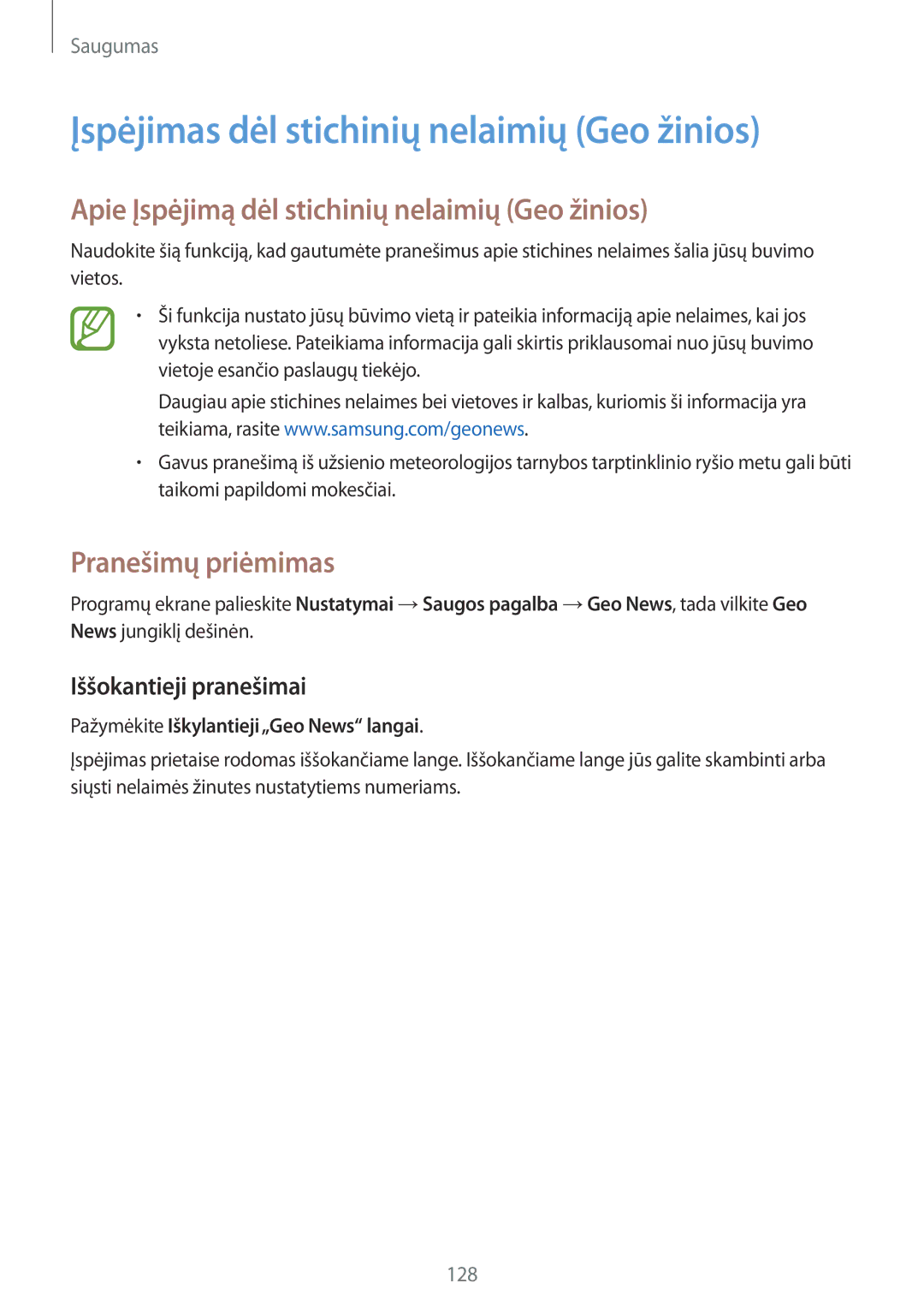 Samsung SM-G900FZDASEB manual Įspėjimas dėl stichinių nelaimių Geo žinios, Apie Įspėjimą dėl stichinių nelaimių Geo žinios 