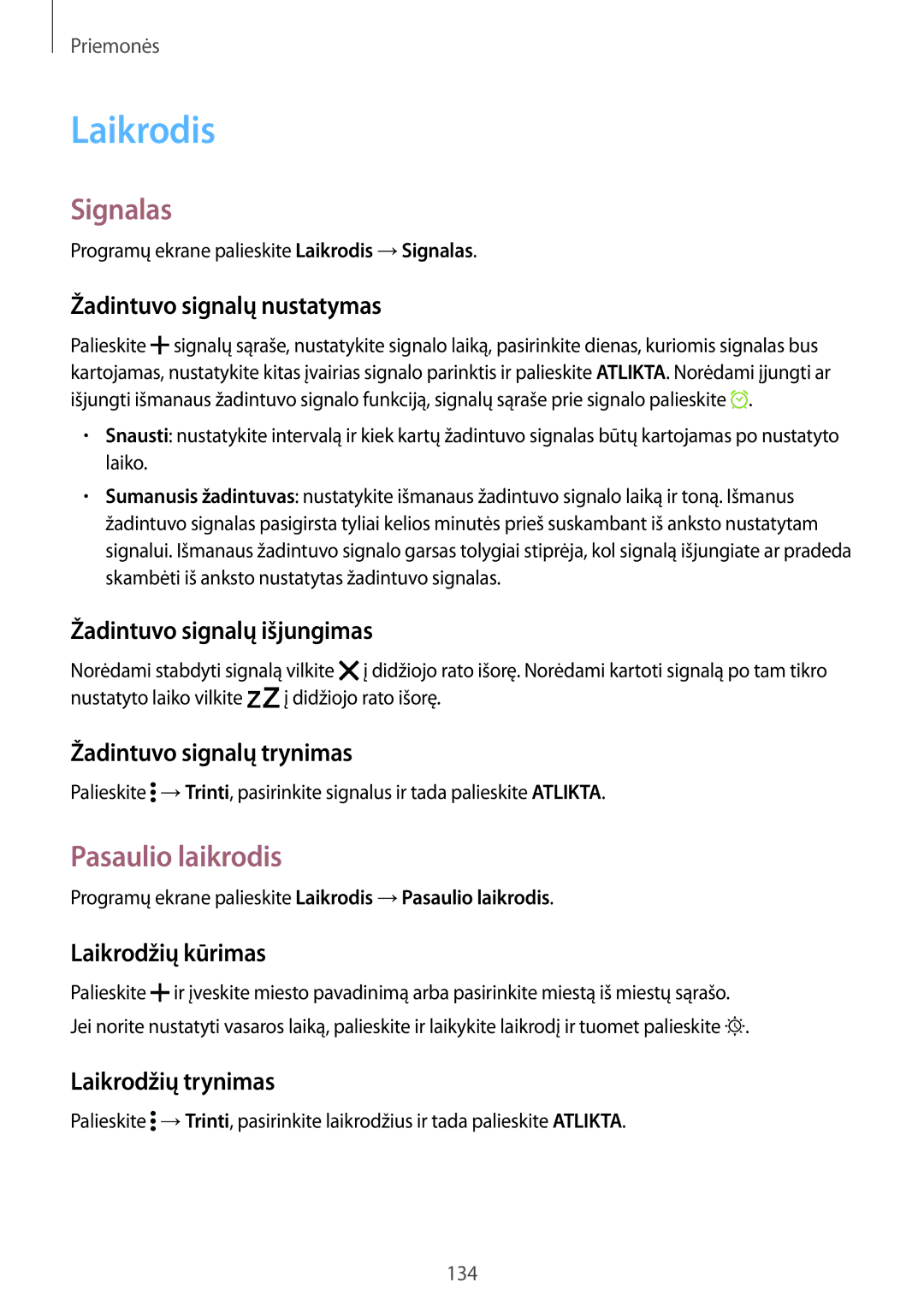 Samsung SM-G900FZKASEB, SM-G900FZDASEB, SM-G900FZWASEB, SM-G900FZBASEB manual Laikrodis, Signalas, Pasaulio laikrodis 