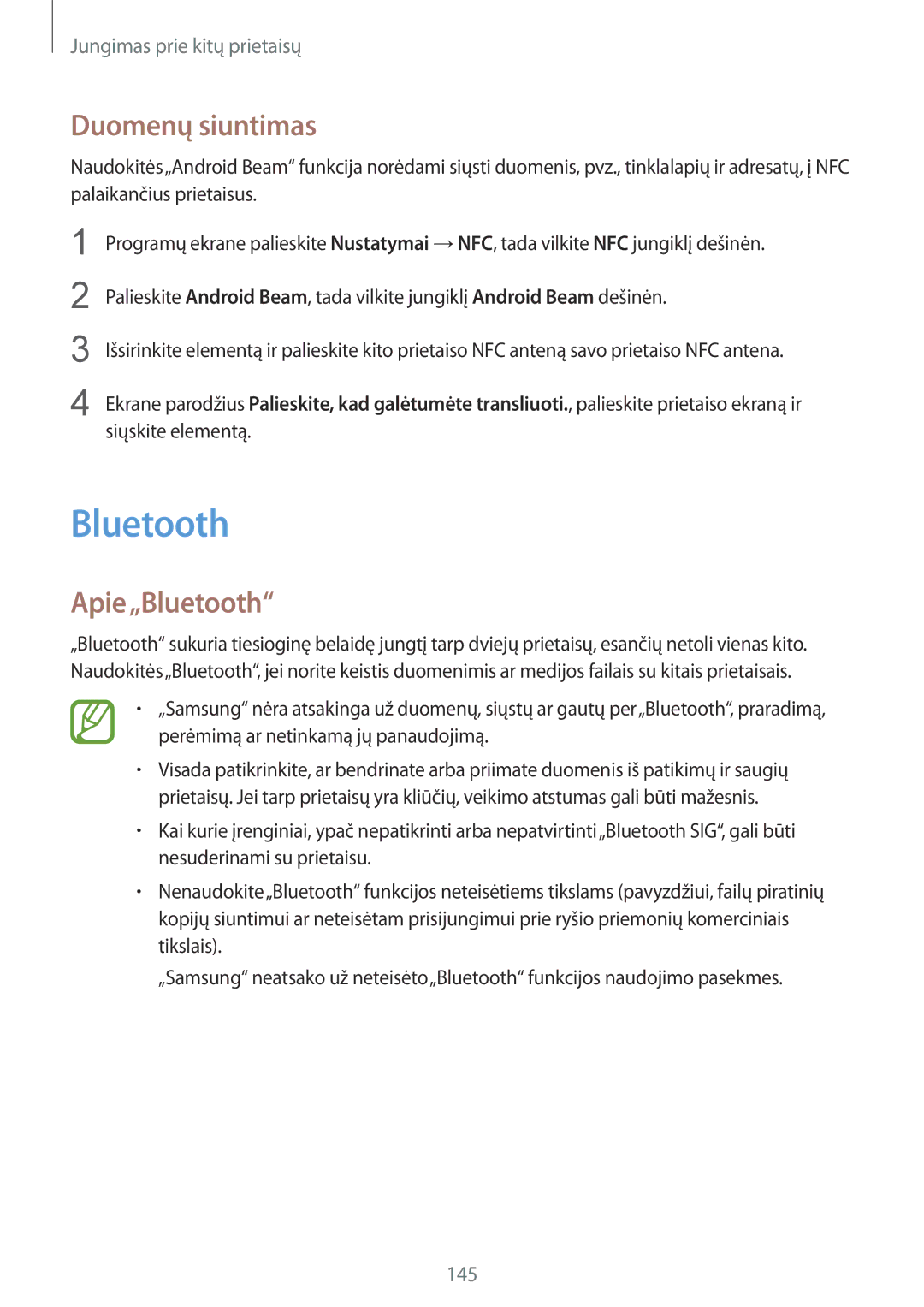 Samsung SM-G900FZWASEB, SM-G900FZDASEB, SM-G900FZKASEB, SM-G900FZBASEB manual Duomenų siuntimas, Apie„Bluetooth 