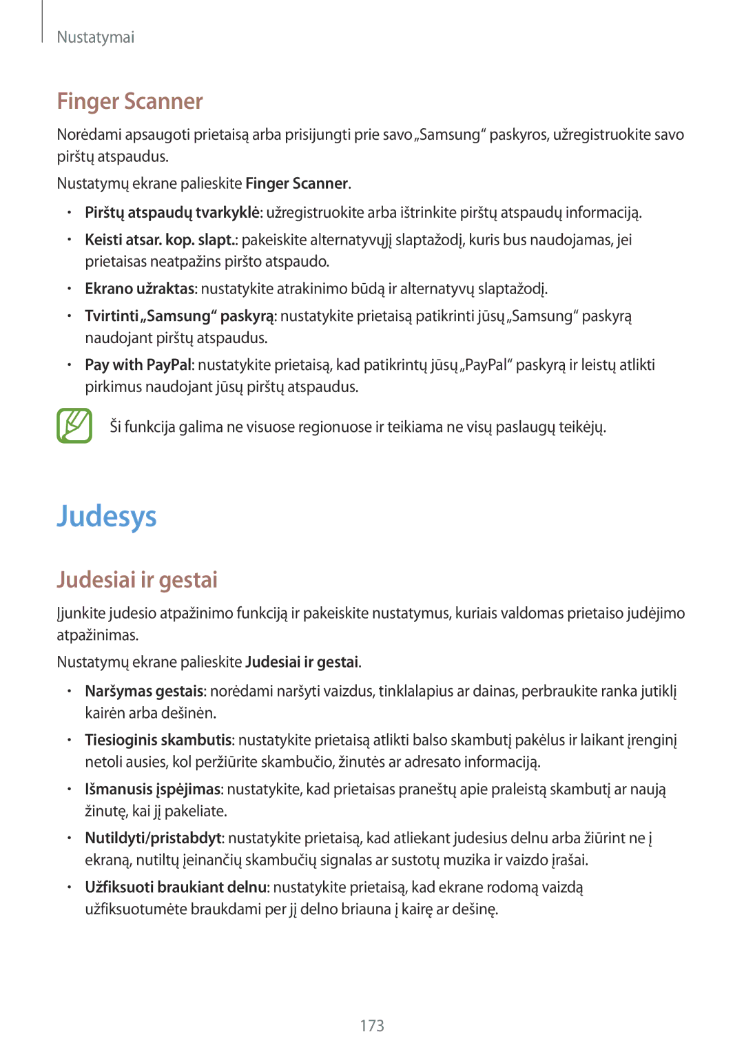 Samsung SM-G900FZWASEB, SM-G900FZDASEB, SM-G900FZKASEB, SM-G900FZBASEB manual Judesys, Finger Scanner, Judesiai ir gestai 