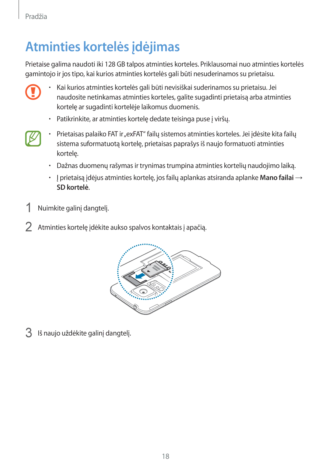 Samsung SM-G900FZKASEB, SM-G900FZDASEB, SM-G900FZWASEB, SM-G900FZBASEB manual Atminties kortelės įdėjimas 