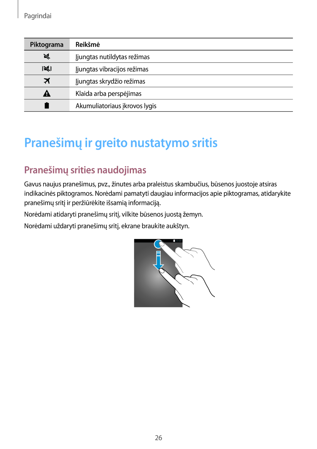 Samsung SM-G900FZKASEB, SM-G900FZDASEB, SM-G900FZWASEB Pranešimų ir greito nustatymo sritis, Pranešimų srities naudojimas 