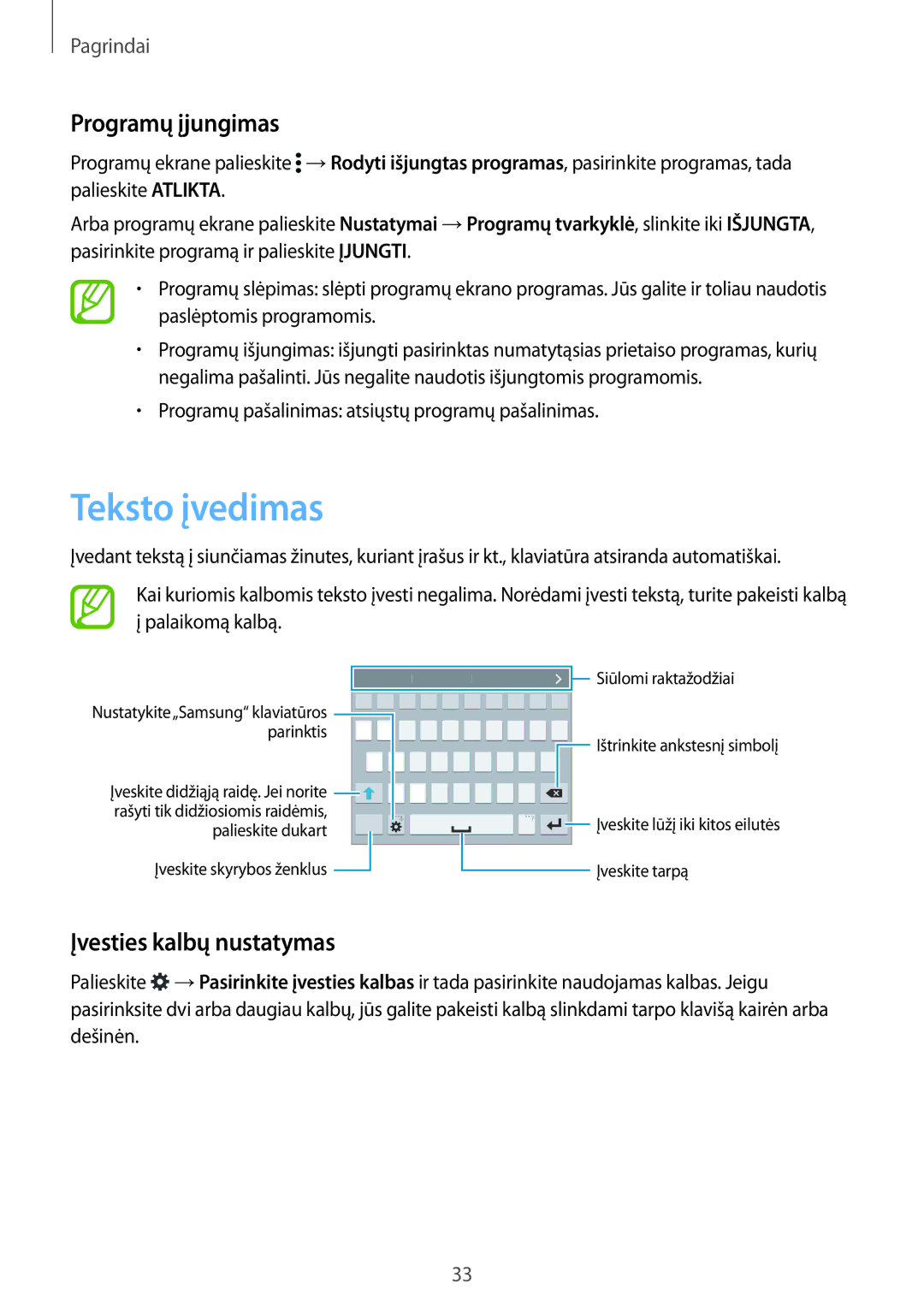 Samsung SM-G900FZWASEB, SM-G900FZDASEB, SM-G900FZKASEB manual Teksto įvedimas, Programų įjungimas, Įvesties kalbų nustatymas 