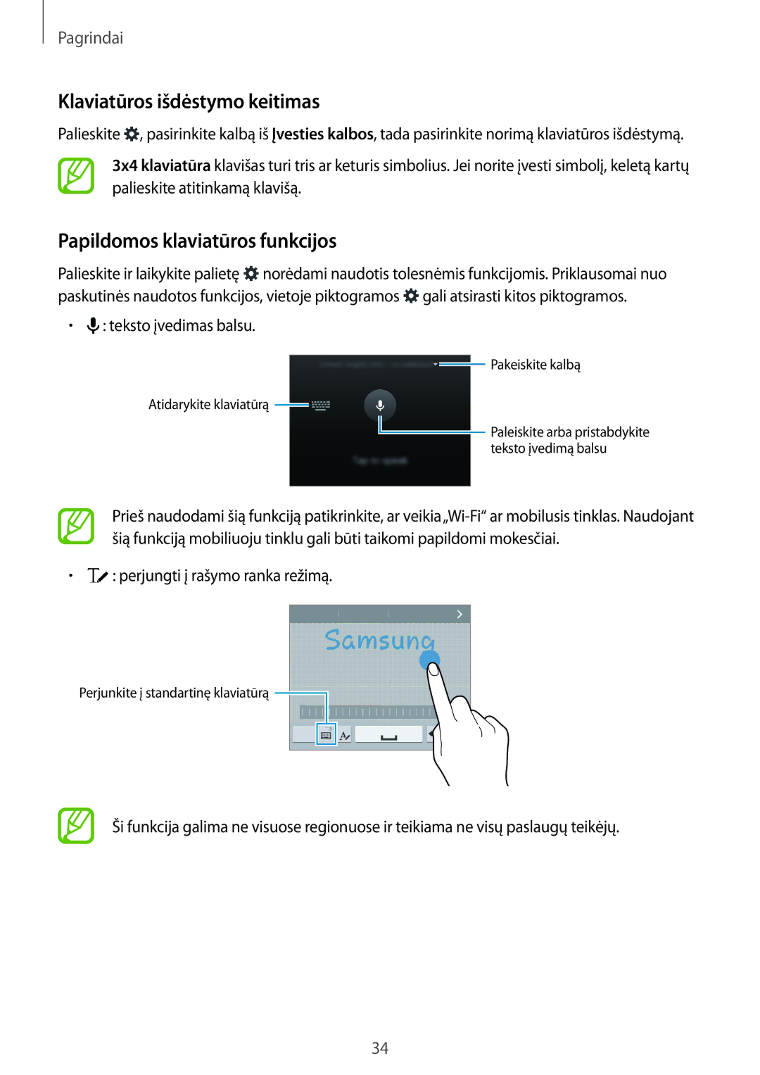 Samsung SM-G900FZKASEB, SM-G900FZDASEB, SM-G900FZWASEB Klaviatūros išdėstymo keitimas, Papildomos klaviatūros funkcijos 