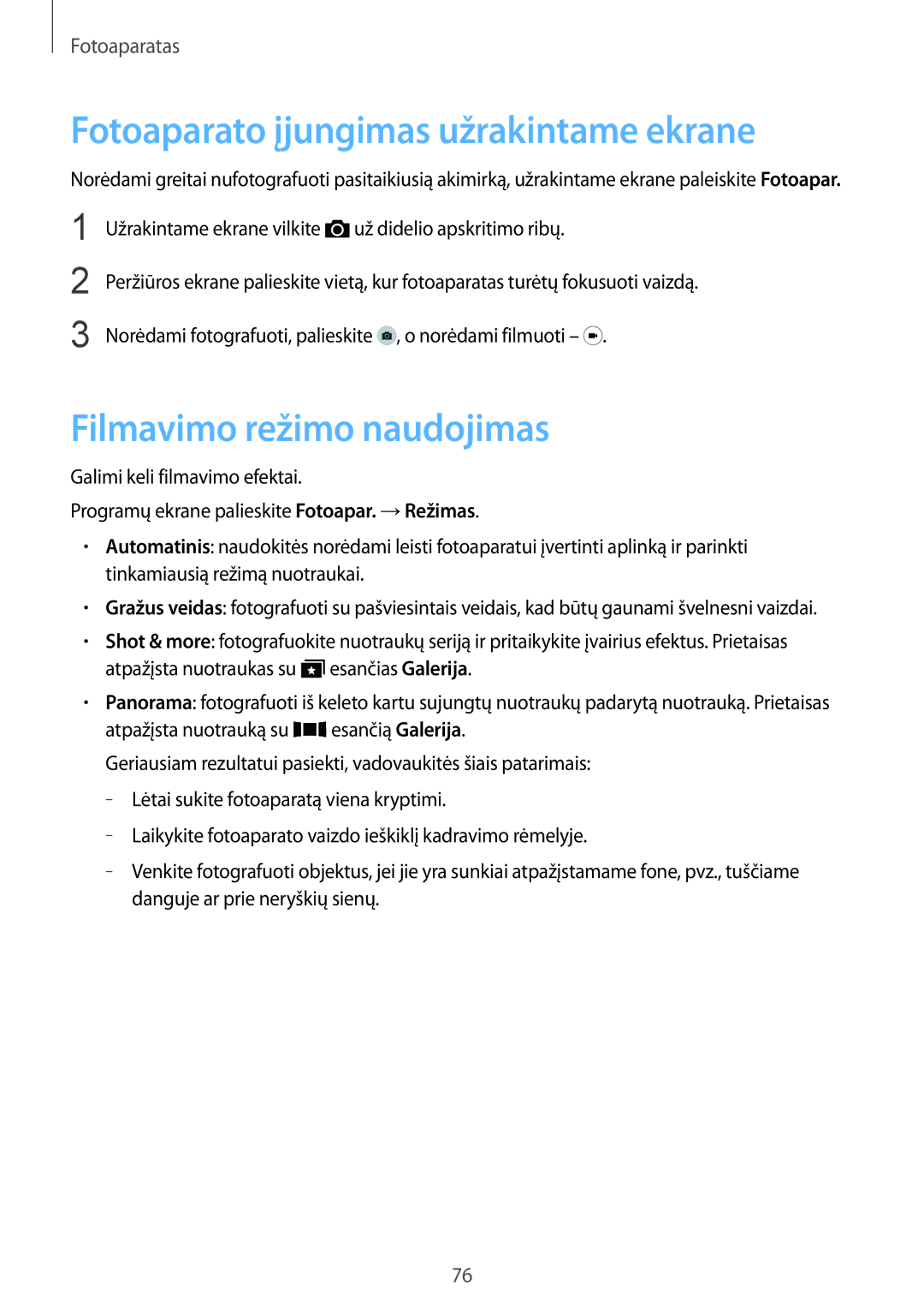 Samsung SM-G900FZDASEB, SM-G900FZWASEB manual Fotoaparato įjungimas užrakintame ekrane, Filmavimo režimo naudojimas 