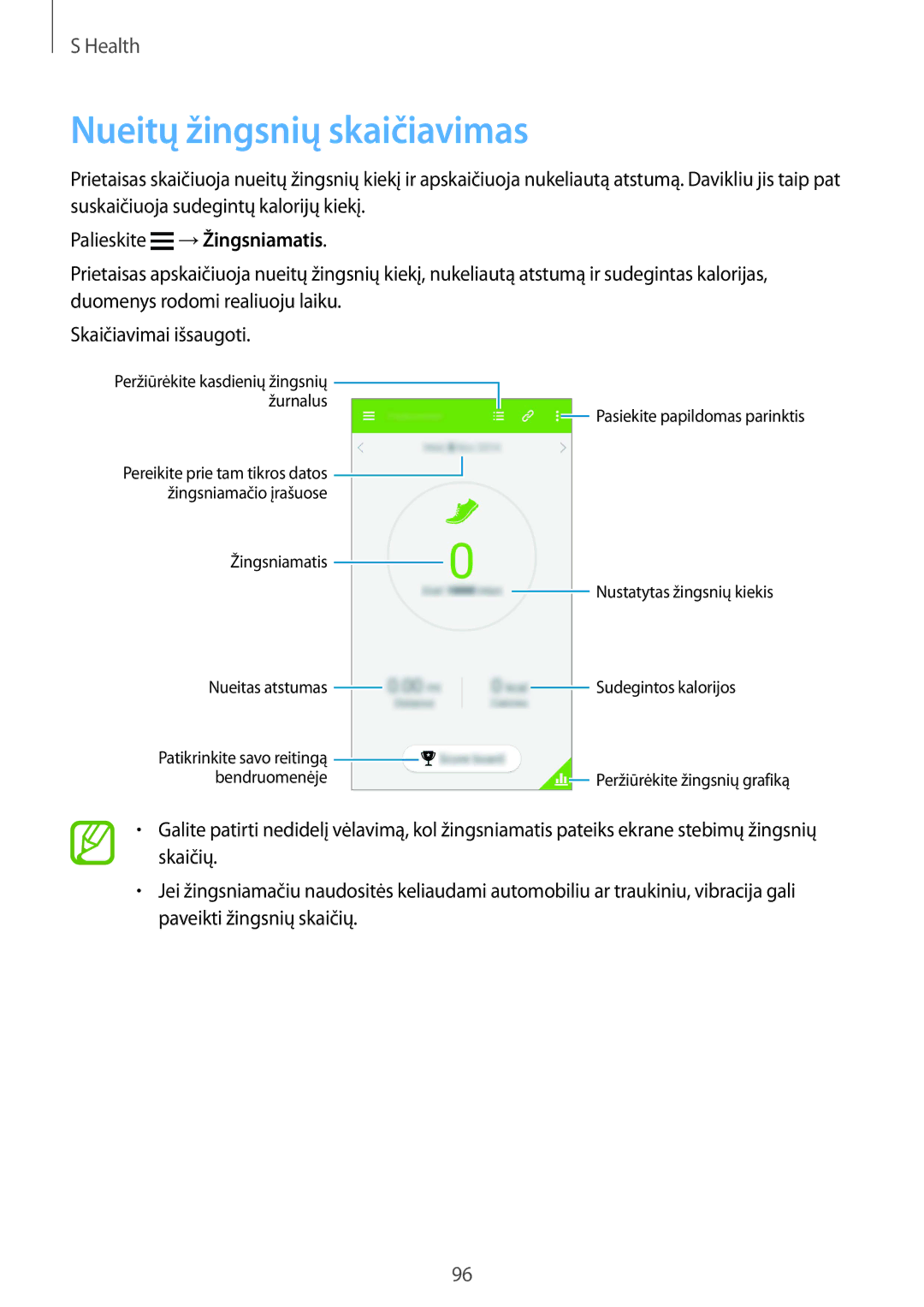 Samsung SM-G900FZDASEB, SM-G900FZWASEB, SM-G900FZKASEB, SM-G900FZBASEB manual Nueitų žingsnių skaičiavimas 