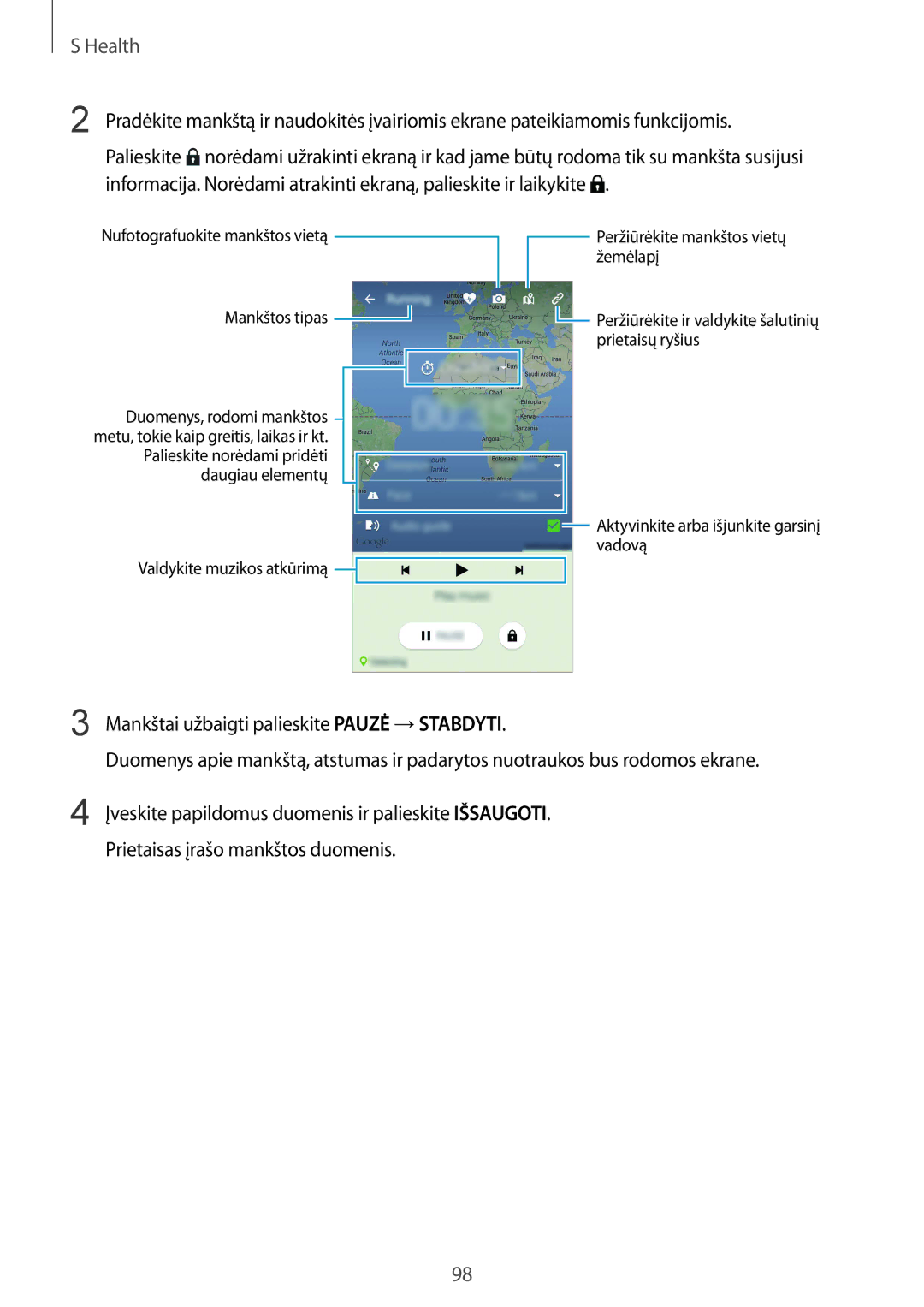 Samsung SM-G900FZKASEB, SM-G900FZDASEB, SM-G900FZWASEB, SM-G900FZBASEB manual Nufotografuokite mankštos vietą Mankštos tipas 