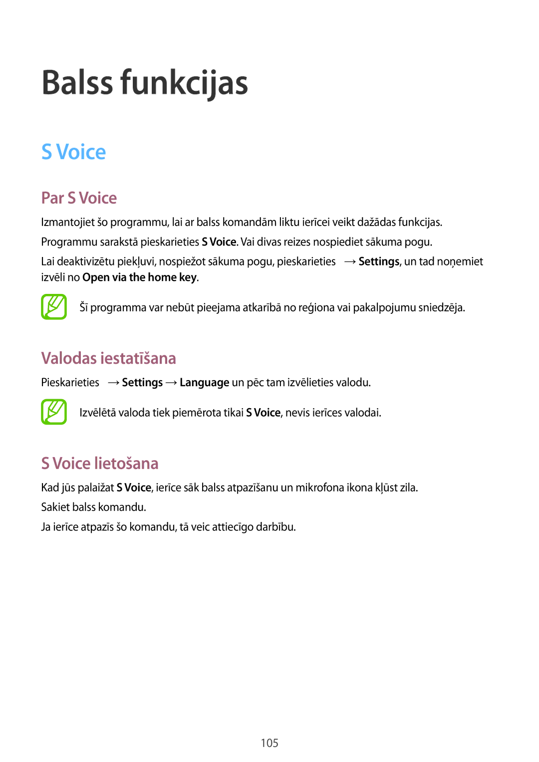 Samsung SM-G900FZWASEB, SM-G900FZDASEB manual Balss funkcijas, Par S Voice, Valodas iestatīšana, Voice lietošana 