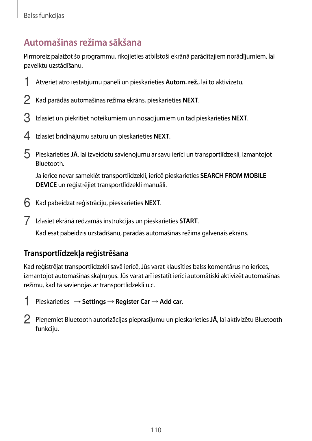 Samsung SM-G900FZKASEB, SM-G900FZDASEB, SM-G900FZWASEB manual Automašīnas režīma sākšana, Transportlīdzekļa reģistrēšana 