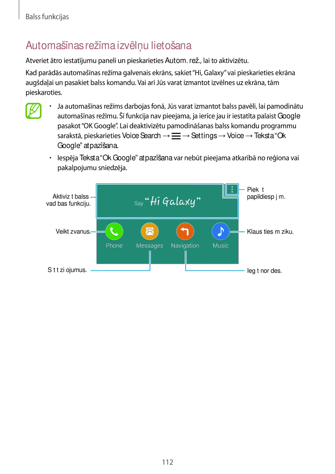 Samsung SM-G900FZDASEB, SM-G900FZWASEB, SM-G900FZKASEB, SM-G900FZBASEB manual Automašīnas režīma izvēlņu lietošana 