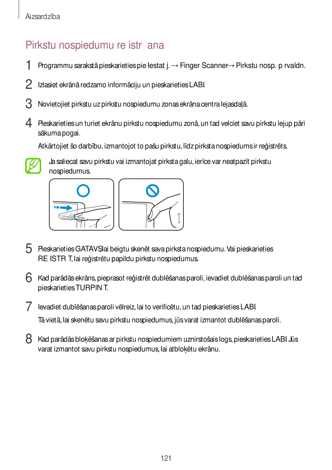 Samsung SM-G900FZWASEB manual Pirkstu nospiedumu reģistrēšana, REĢISTRĒT, lai reģistrētu papildu pirkstu nospiedumus 