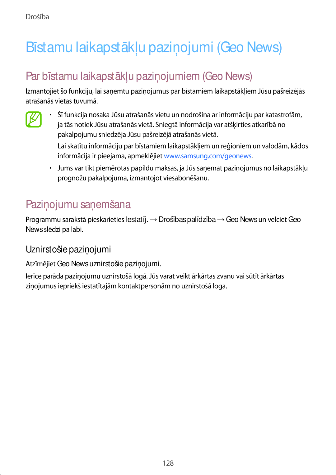 Samsung SM-G900FZDASEB manual Bīstamu laikapstākļu paziņojumi Geo News, Par bīstamu laikapstākļu paziņojumiem Geo News 
