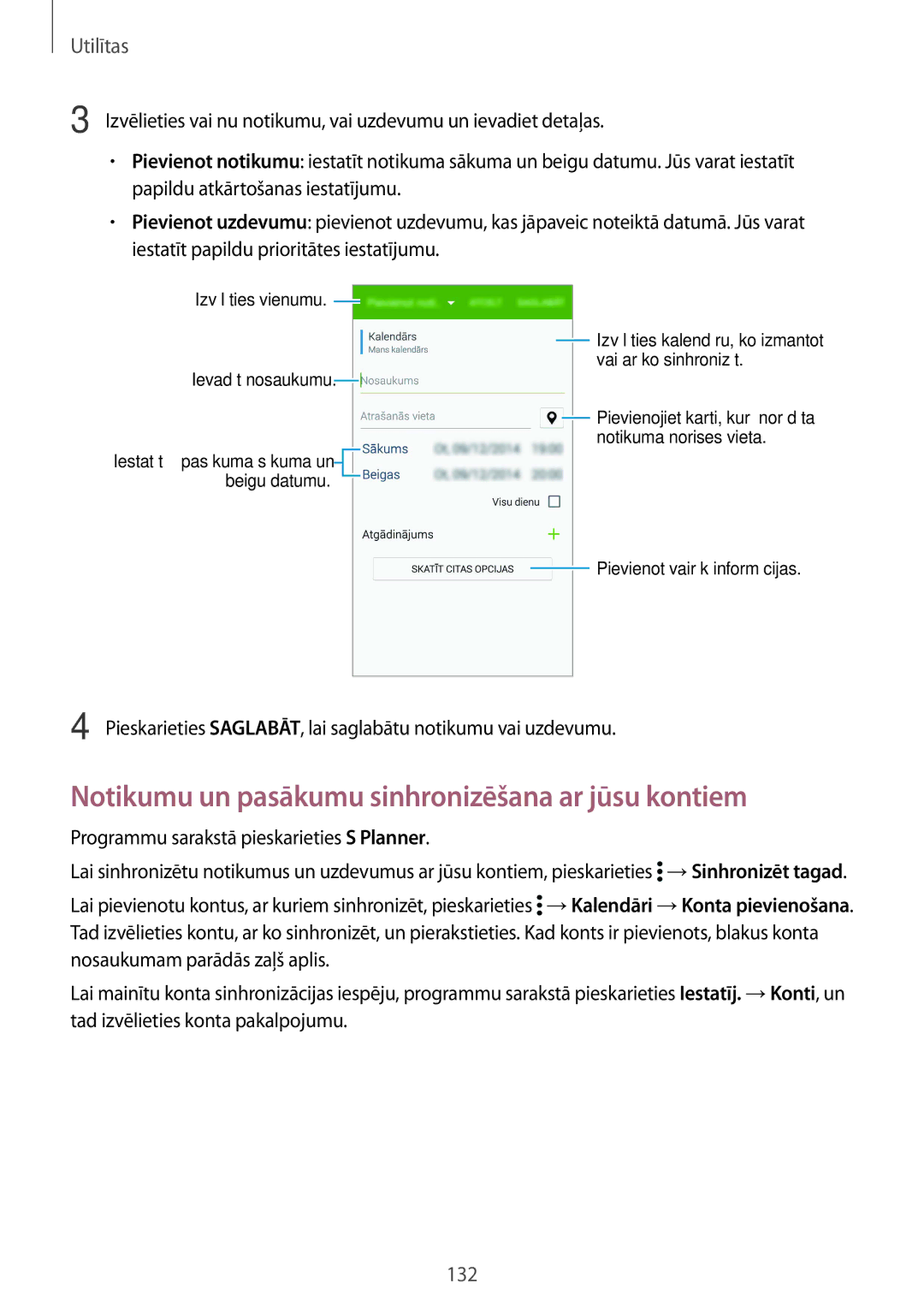 Samsung SM-G900FZDASEB Notikumu un pasākumu sinhronizēšana ar jūsu kontiem, Programmu sarakstā pieskarieties S Planner 