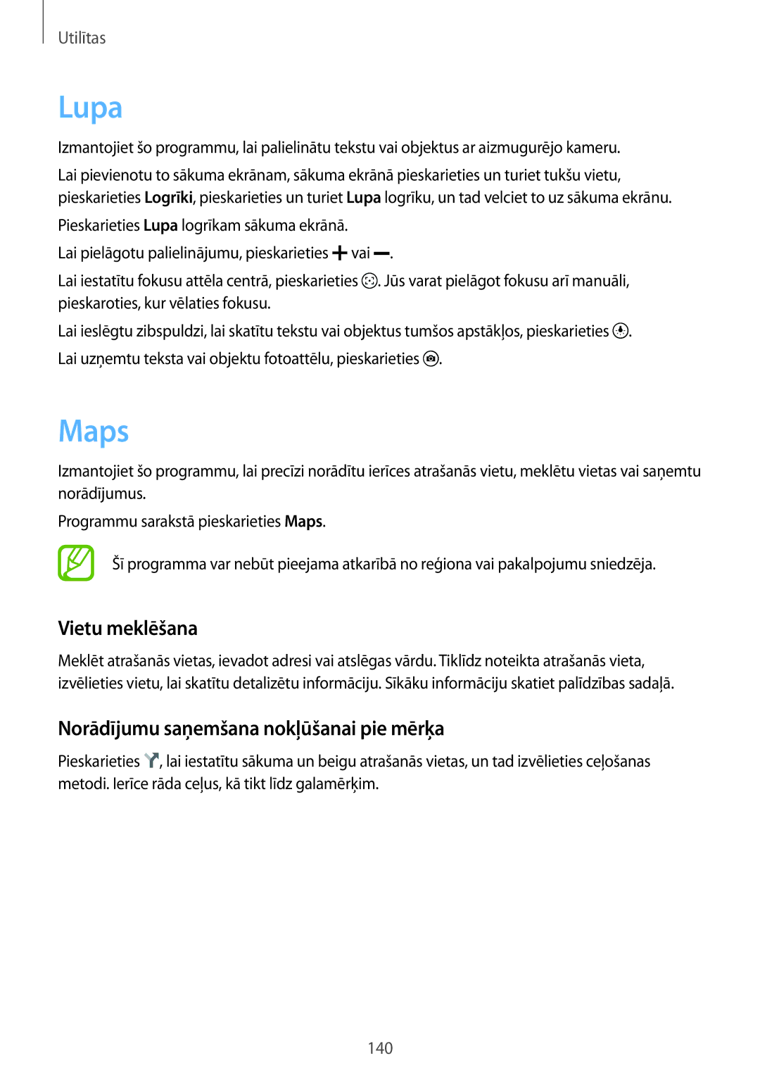 Samsung SM-G900FZDASEB, SM-G900FZWASEB manual Lupa, Maps, Vietu meklēšana, Norādījumu saņemšana nokļūšanai pie mērķa 