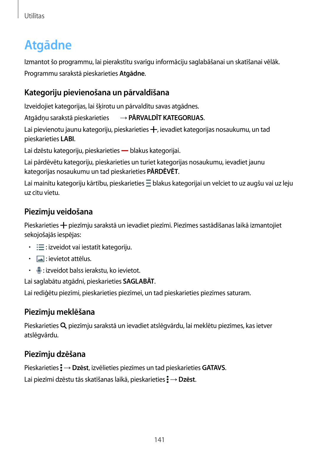 Samsung SM-G900FZWASEB manual Atgādne, Kategoriju pievienošana un pārvaldīšana, Piezīmju veidošana, Piezīmju meklēšana 