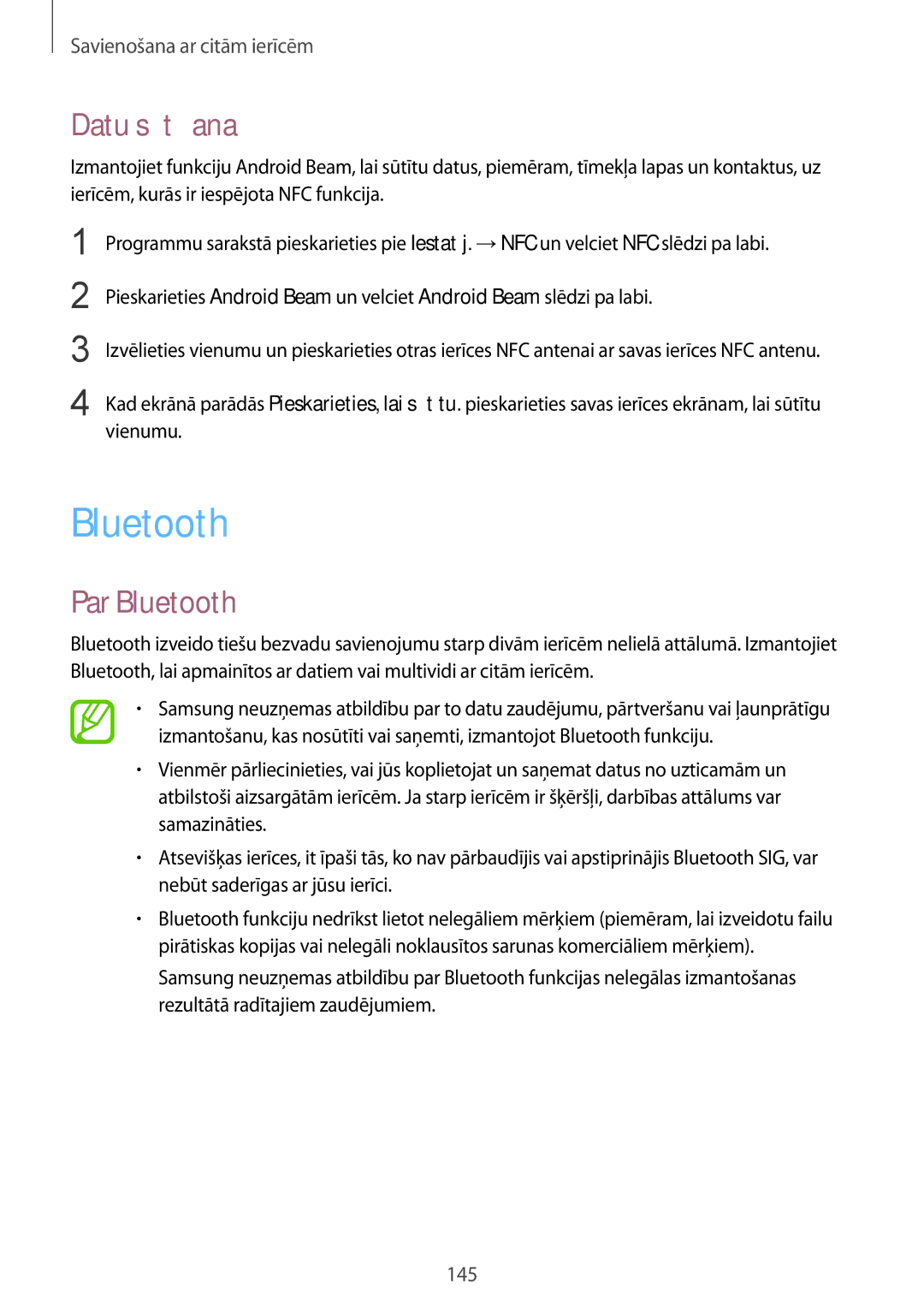 Samsung SM-G900FZWASEB, SM-G900FZDASEB, SM-G900FZKASEB, SM-G900FZBASEB manual Datu sūtīšana, Par Bluetooth 