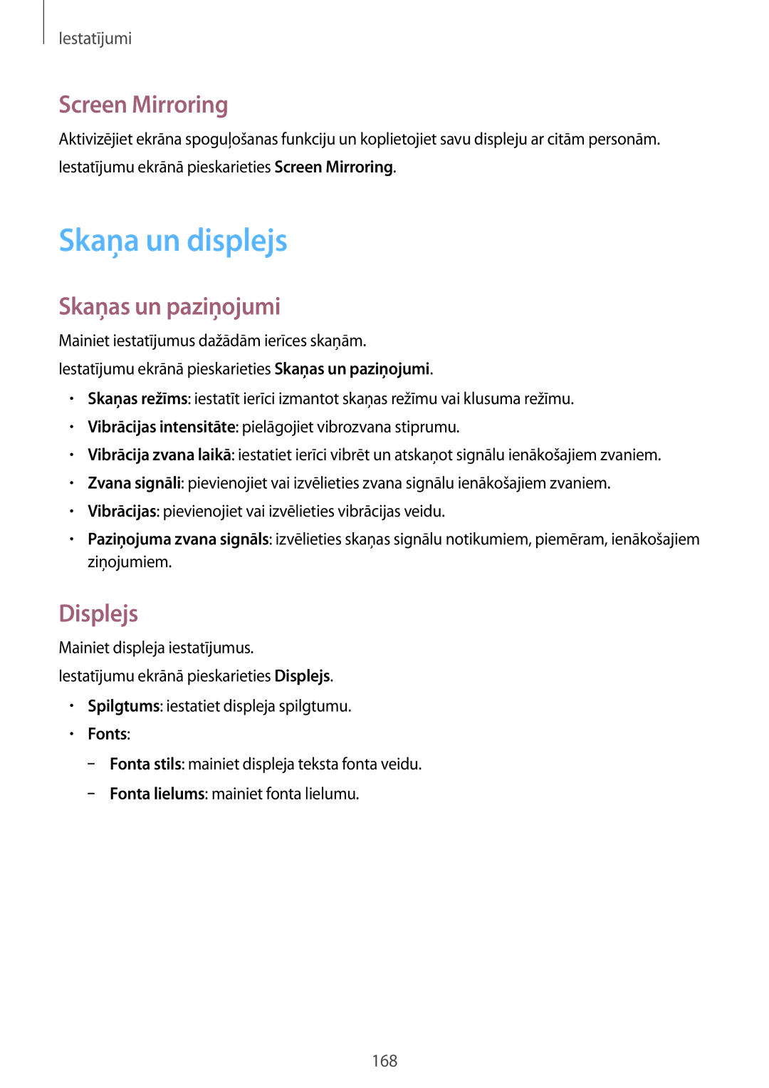 Samsung SM-G900FZDASEB, SM-G900FZWASEB manual Skaņa un displejs, Screen Mirroring, Skaņas un paziņojumi, Displejs, Fonts 
