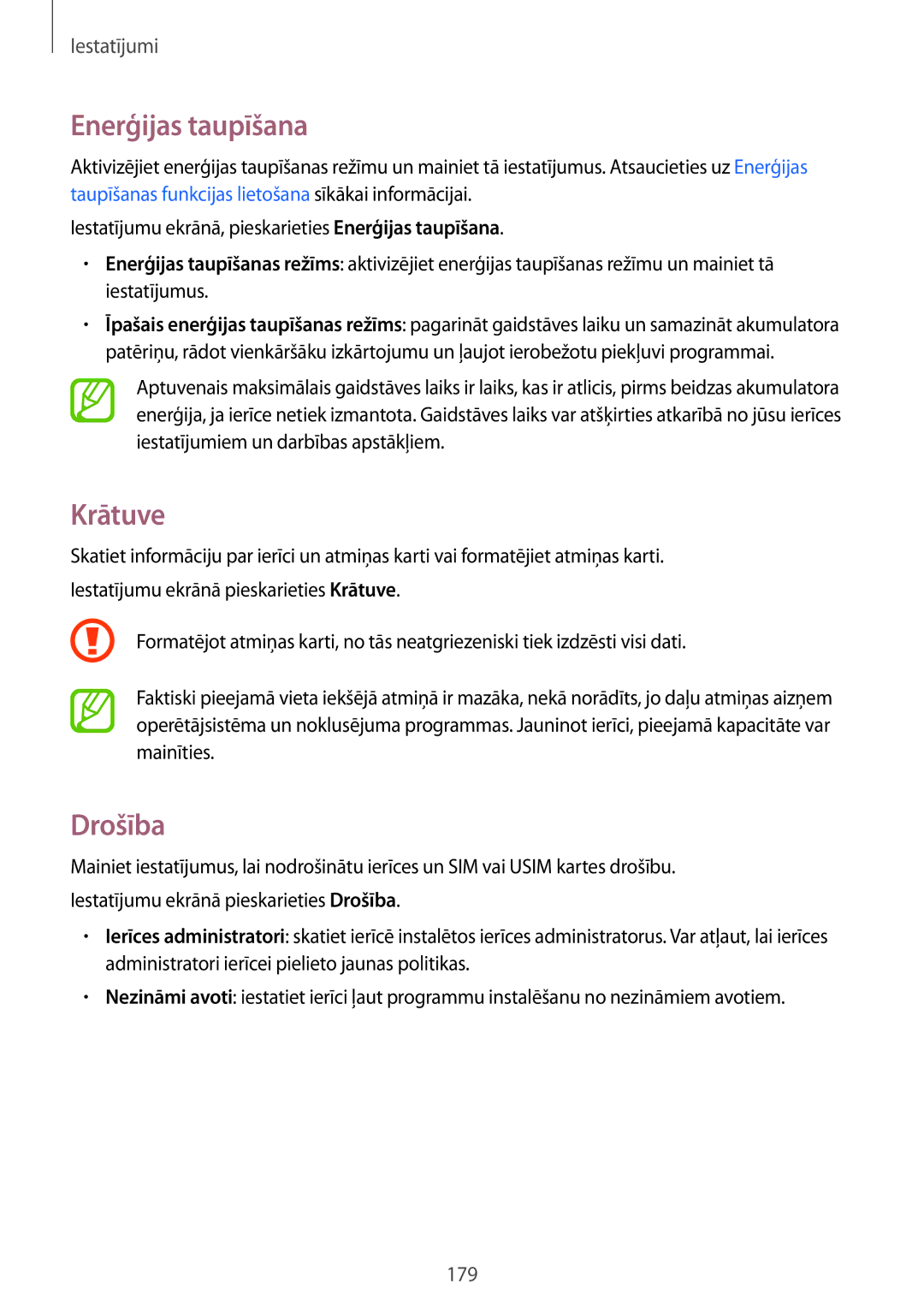 Samsung SM-G900FZBASEB, SM-G900FZDASEB, SM-G900FZWASEB, SM-G900FZKASEB manual Enerģijas taupīšana, Krātuve, Drošība 