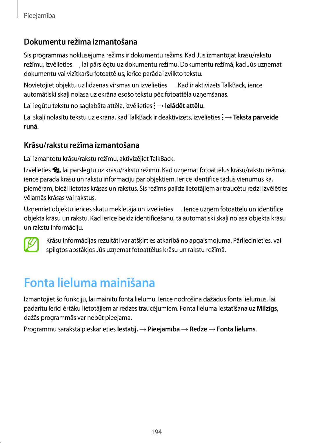 Samsung SM-G900FZKASEB manual Fonta lieluma mainīšana, Dokumentu režīma izmantošana, Krāsu/rakstu režīma izmantošana, Runā 