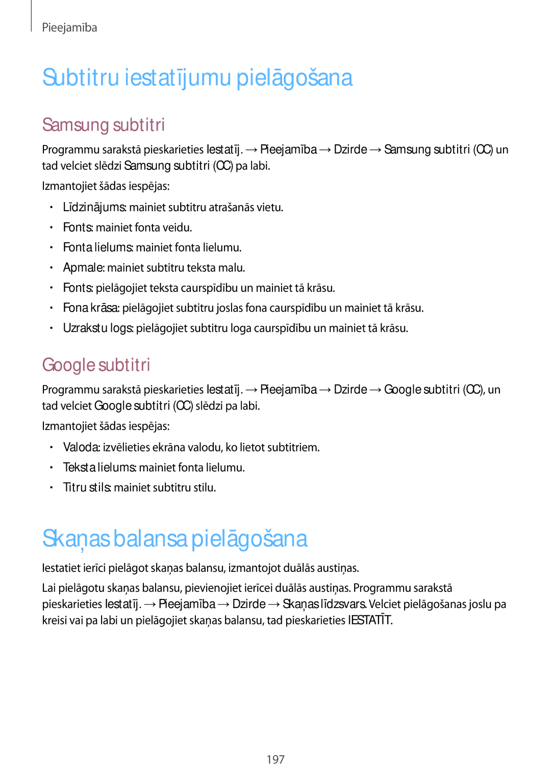 Samsung SM-G900FZWASEB Subtitru iestatījumu pielāgošana, Skaņas balansa pielāgošana, Samsung subtitri, Google subtitri 