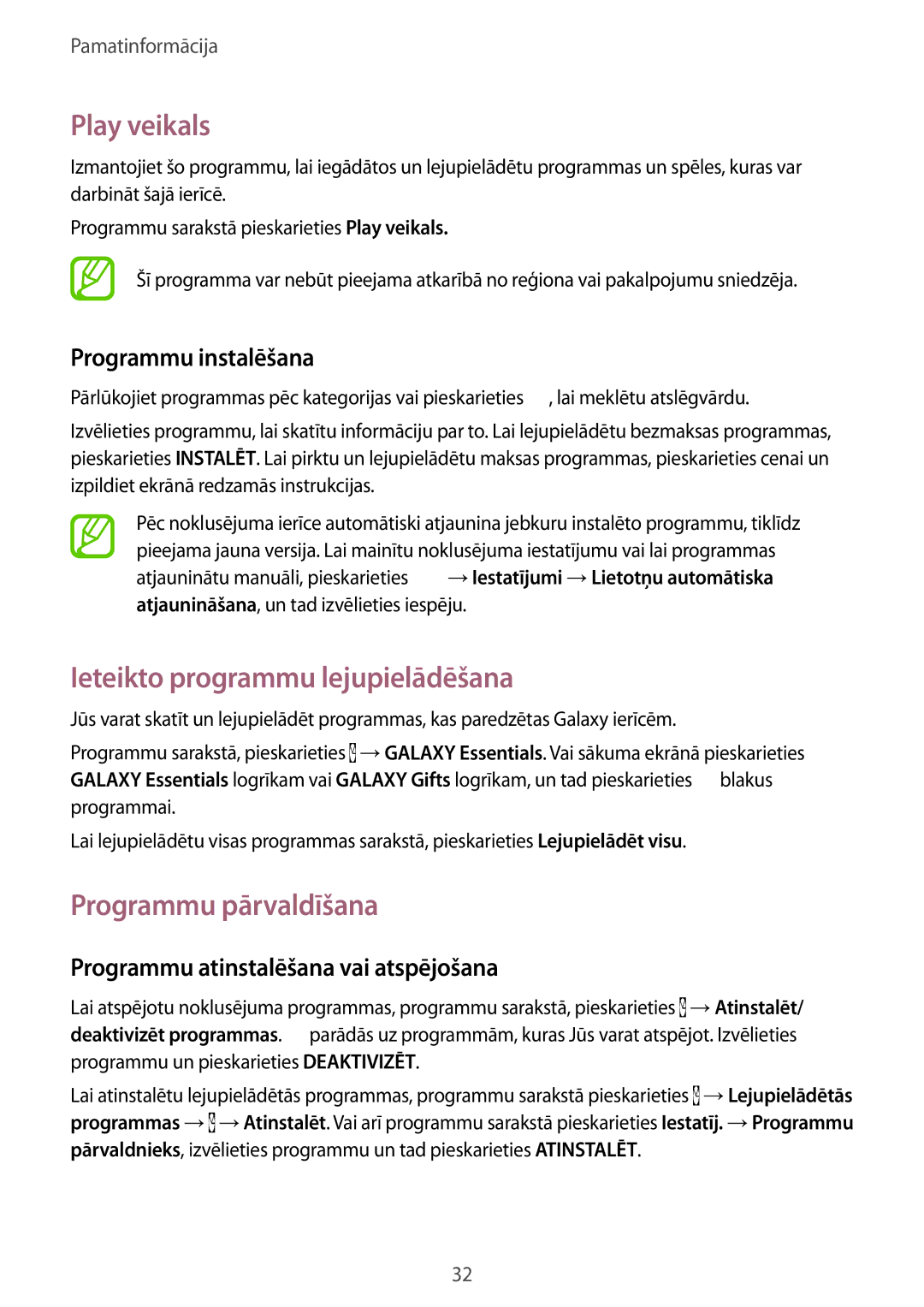 Samsung SM-G900FZDASEB, SM-G900FZWASEB manual Play veikals, Ieteikto programmu lejupielādēšana, Programmu pārvaldīšana 