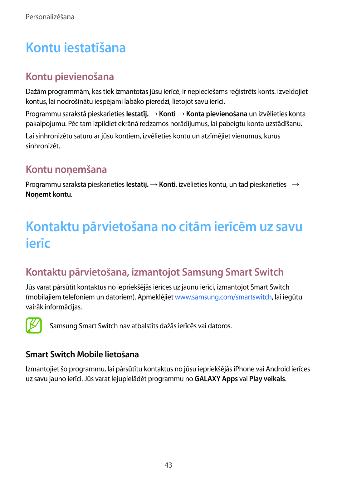 Samsung SM-G900FZBASEB manual Kontu iestatīšana, Kontaktu pārvietošana no citām ierīcēm uz savu ierīc, Kontu pievienošana 