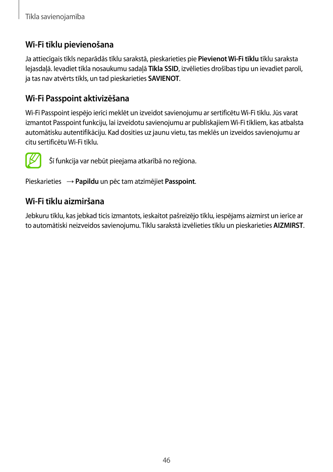 Samsung SM-G900FZKASEB, SM-G900FZDASEB manual Wi-Fi tīklu pievienošana, Wi-Fi Passpoint aktivizēšana, Wi-Fi tīklu aizmiršana 