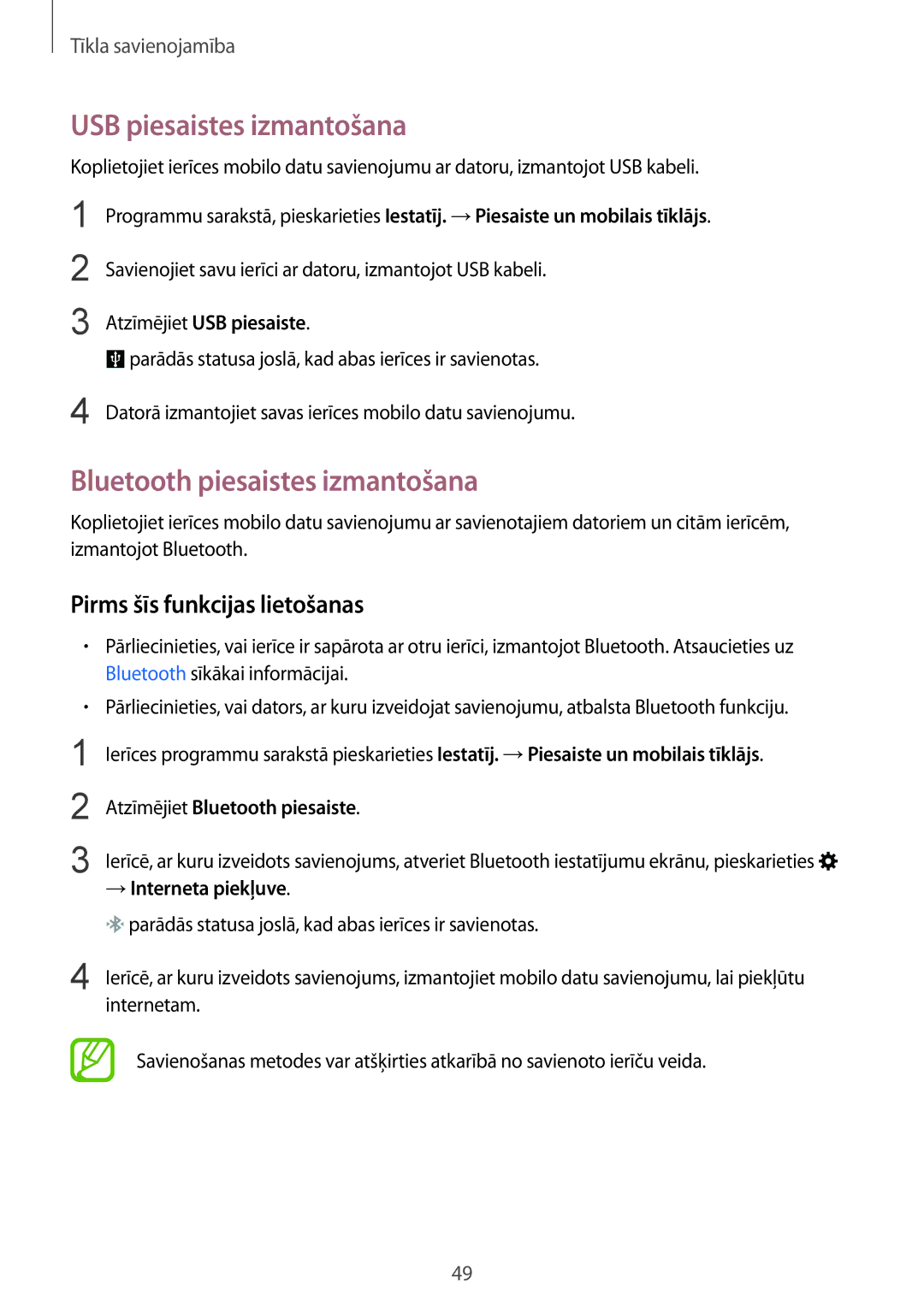 Samsung SM-G900FZWASEB manual USB piesaistes izmantošana, Bluetooth piesaistes izmantošana, Atzīmējiet USB piesaiste 