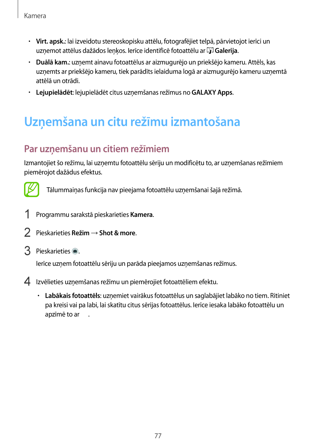 Samsung SM-G900FZWASEB, SM-G900FZDASEB manual Uzņemšana un citu režīmu izmantošana, Par uzņemšanu un citiem režīmiem 