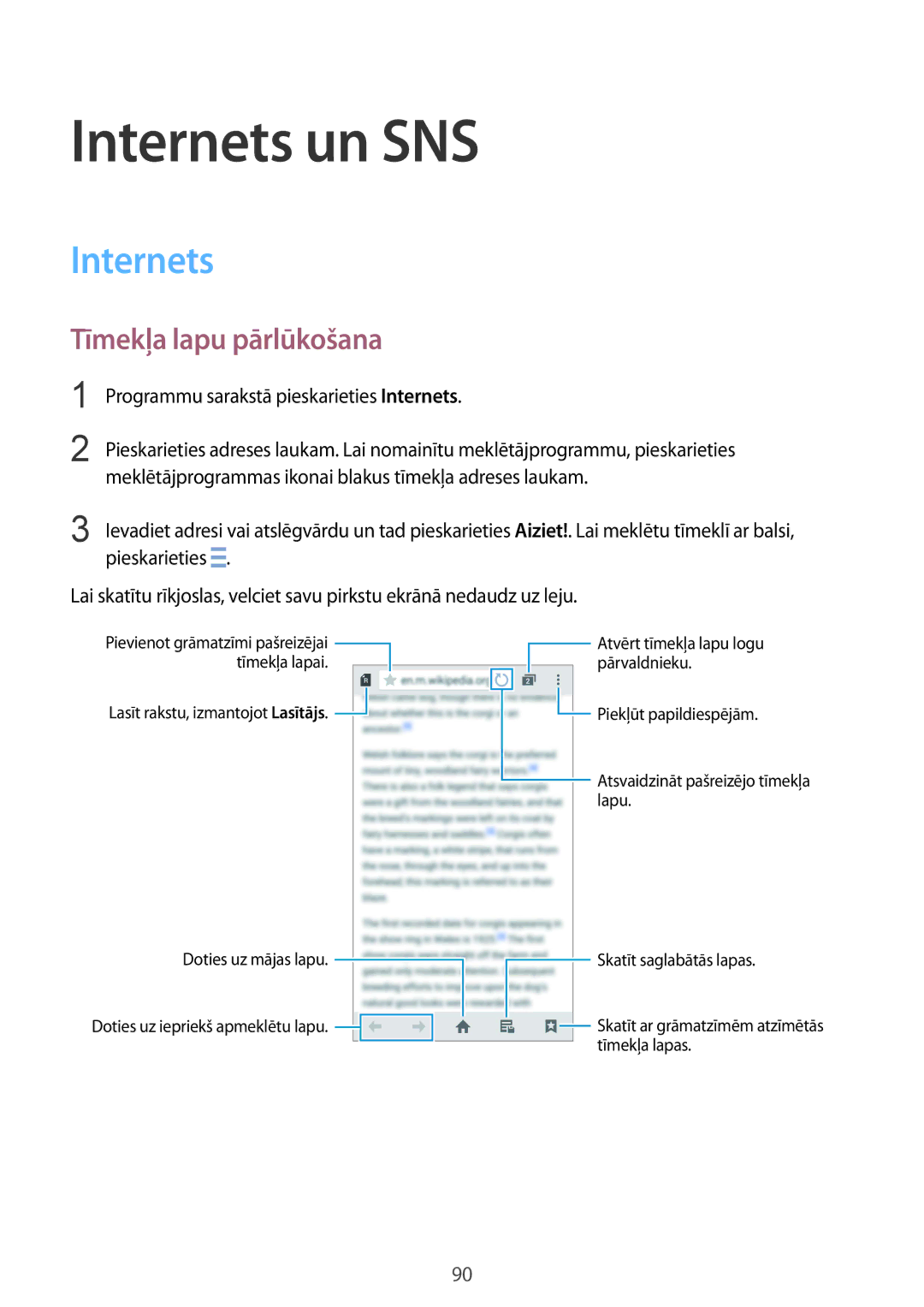 Samsung SM-G900FZKASEB manual Internets un SNS, Tīmekļa lapu pārlūkošana, Programmu sarakstā pieskarieties Internets 