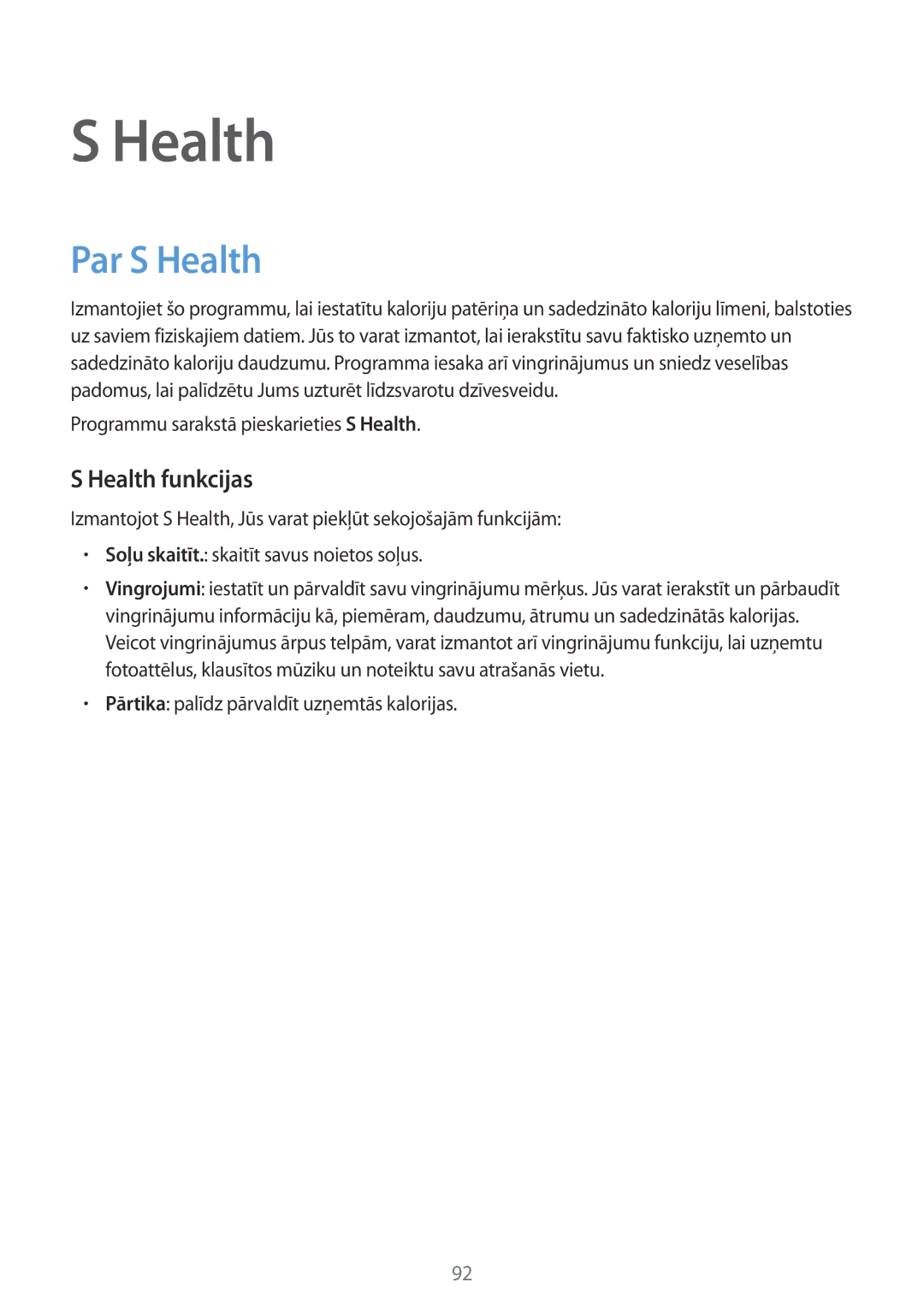 Samsung SM-G900FZDASEB, SM-G900FZWASEB manual Par S Health, Health funkcijas, Programmu sarakstā pieskarieties S Health 