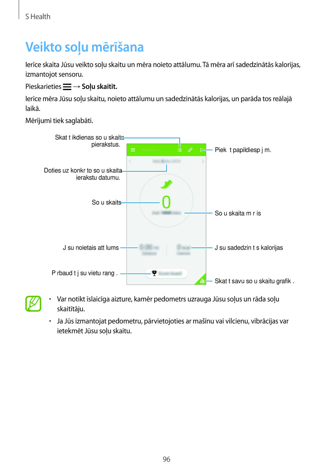 Samsung SM-G900FZDASEB, SM-G900FZWASEB, SM-G900FZKASEB, SM-G900FZBASEB manual Veikto soļu mērīšana 