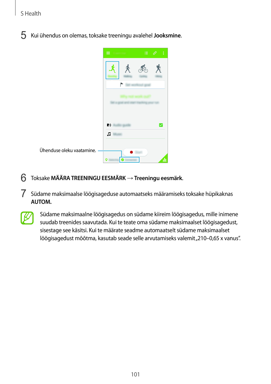 Samsung SM-G900FZWASEB, SM-G900FZDASEB, SM-G900FZKASEB manual Toksake Määra Treeningu Eesmärk →Treeningu eesmärk, Autom 