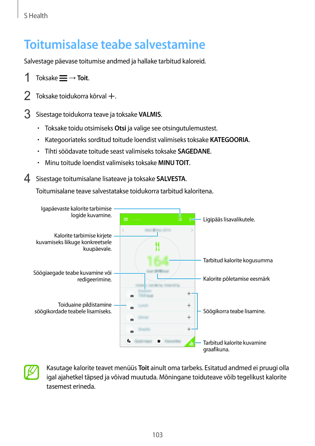 Samsung SM-G900FZBASEB, SM-G900FZDASEB, SM-G900FZWASEB, SM-G900FZKASEB manual Toitumisalase teabe salvestamine 