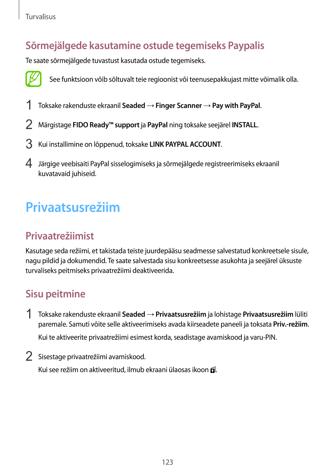 Samsung SM-G900FZBASEB manual Privaatsusrežiim, Sõrmejälgede kasutamine ostude tegemiseks Paypalis, Privaatrežiimist 