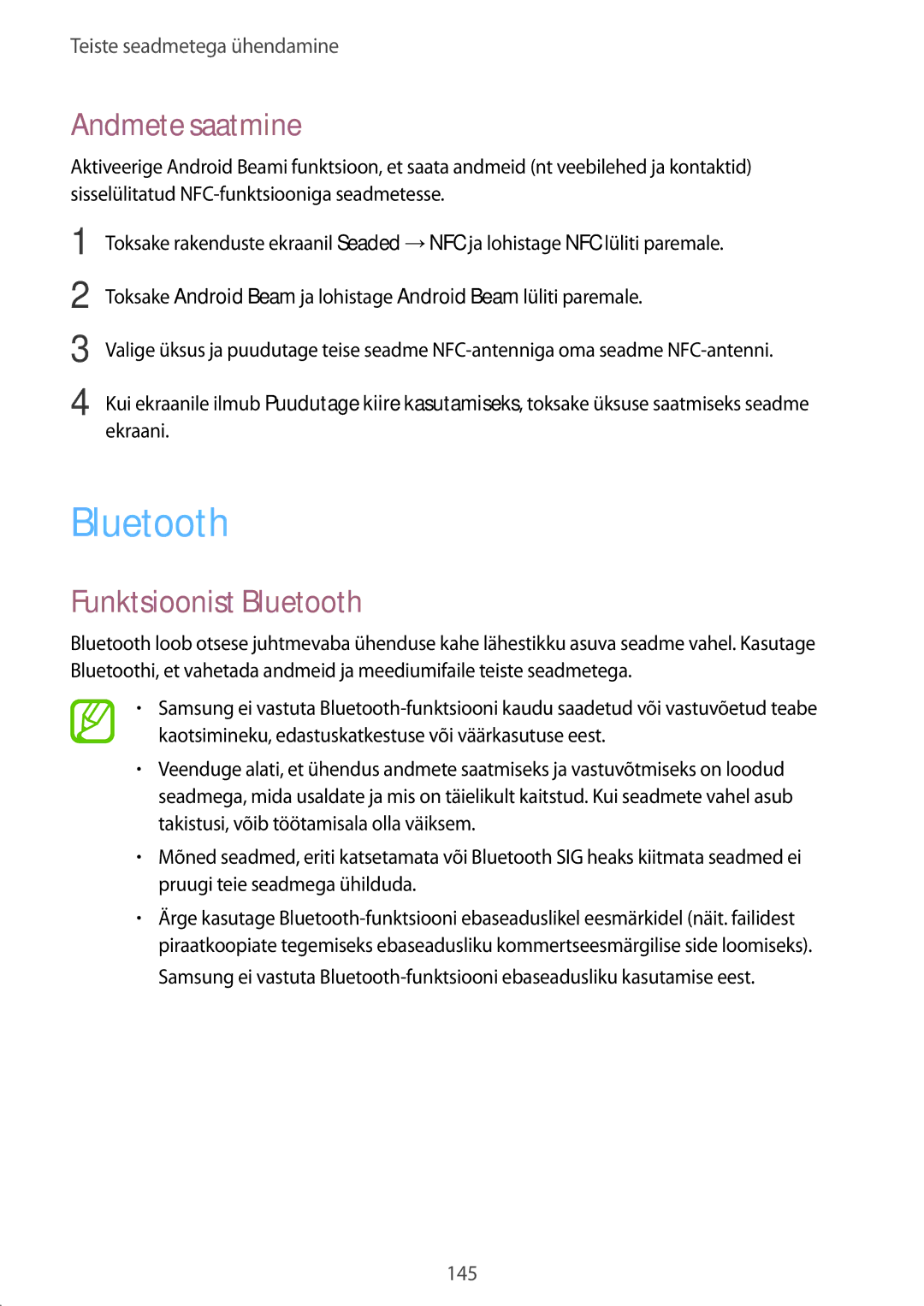 Samsung SM-G900FZWASEB, SM-G900FZDASEB, SM-G900FZKASEB, SM-G900FZBASEB manual Andmete saatmine, Funktsioonist Bluetooth 