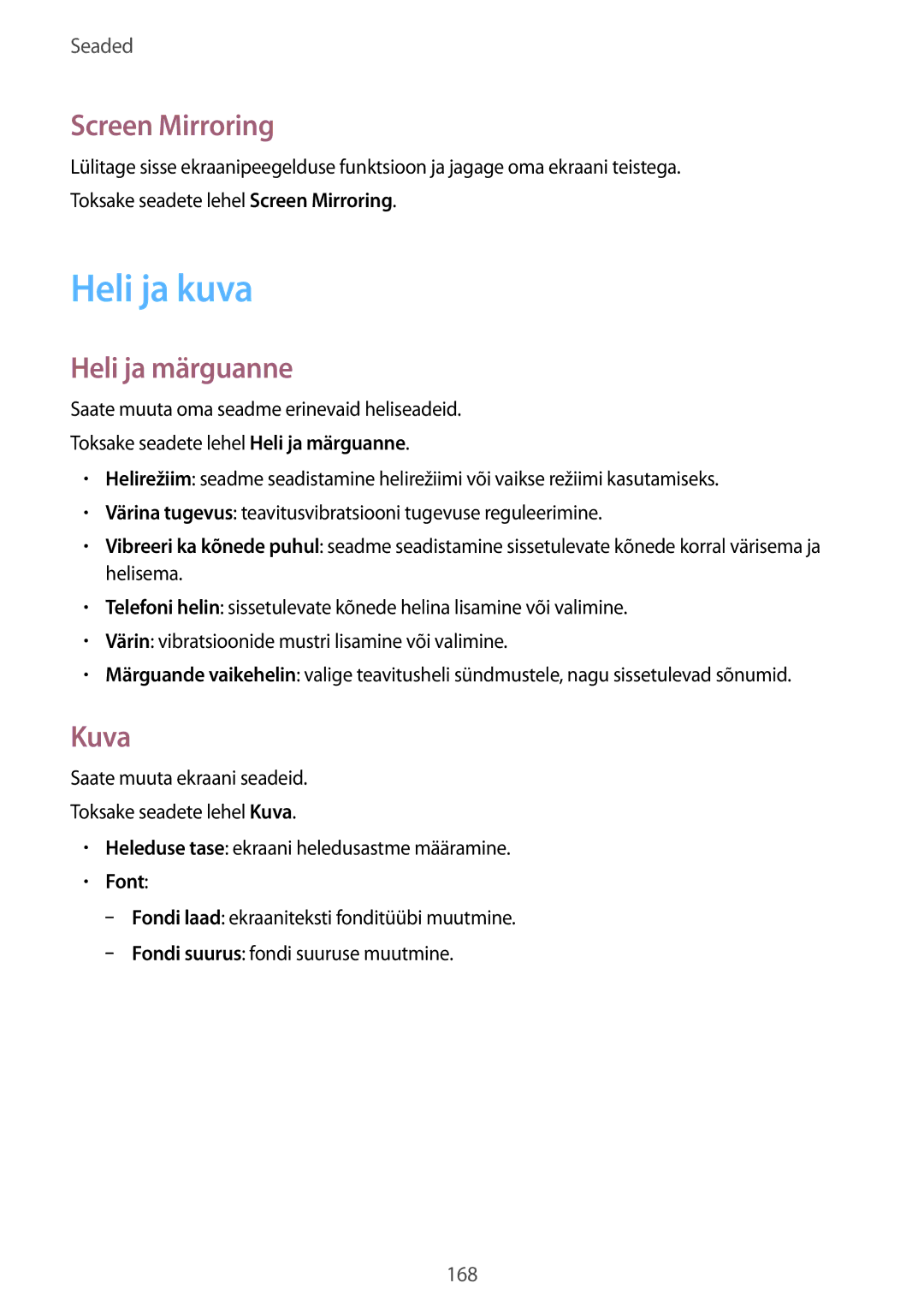 Samsung SM-G900FZDASEB, SM-G900FZWASEB, SM-G900FZKASEB manual Heli ja kuva, Screen Mirroring, Heli ja märguanne, Kuva, Font 